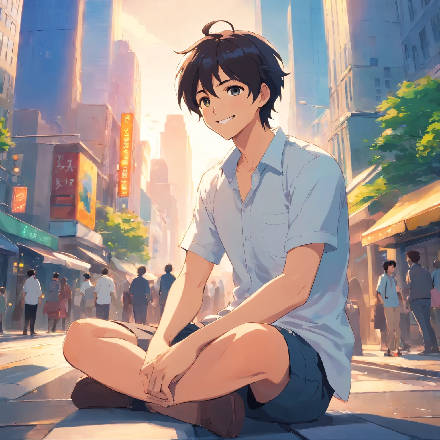 smile、Front-facing、Cross-legged、sitting、Handsome young man、white shirt、Elite Trading Company Man、 Tranquil New York Cityscape、 colorful animated still images, black hair、 paul gauguin,embry style, honest depiction