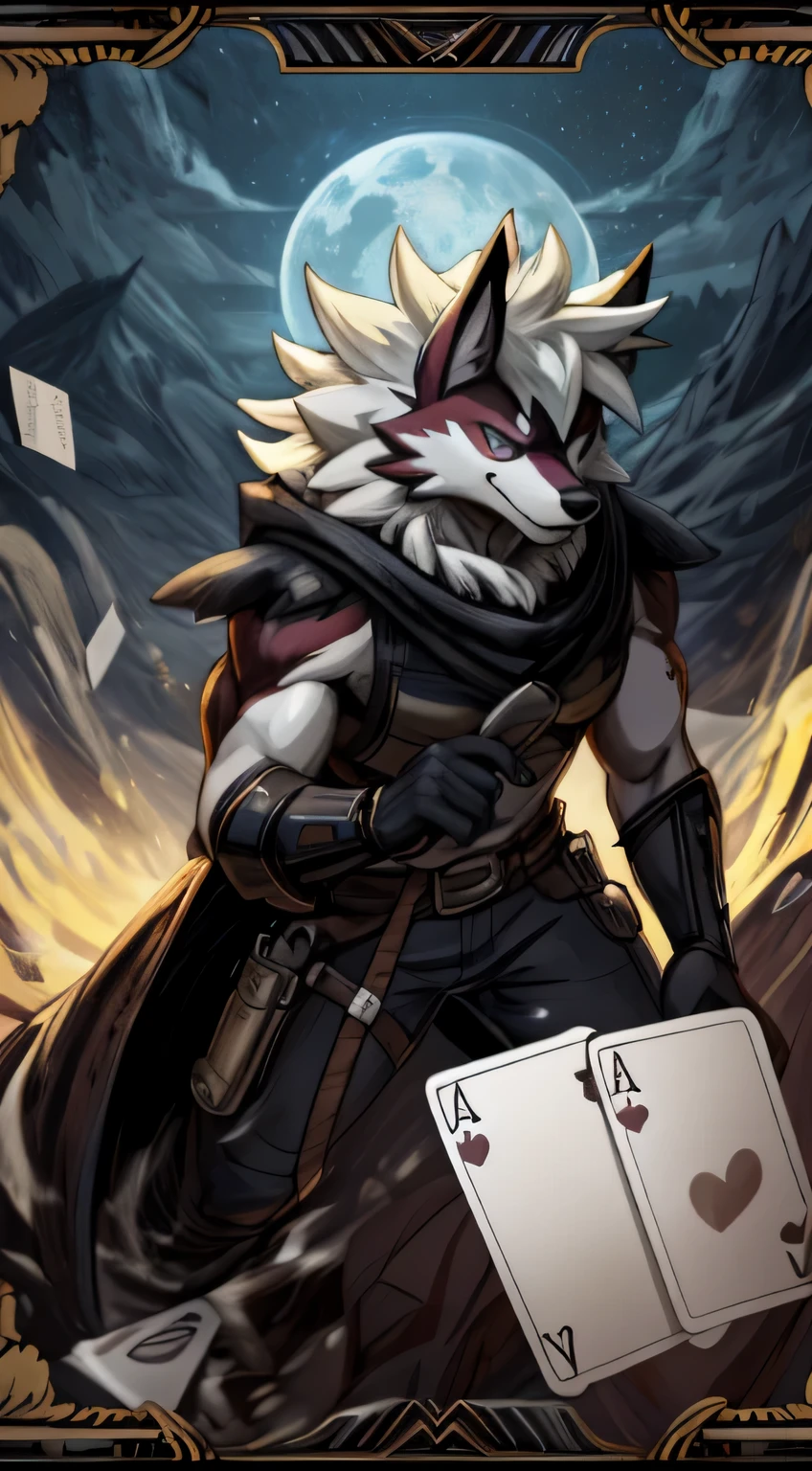 masterpiece, best quality, perfect anatomy, (detailed eyes:1.2), (Midnight Lycanroc), anthropomorphic male, solo, liquid, detailed background, solo, bara, muscles, anime_pose, wild west clothes, floating in the air, detailed face, pokemon card background, villain, suggestive, edgy, shooting revolvers, western, wild west, torn clothes, made of goo, dripping gooey body, throwing playing cards, melting gooey body, final boss, melting Midnight Lycanroc, giant cloak blowing