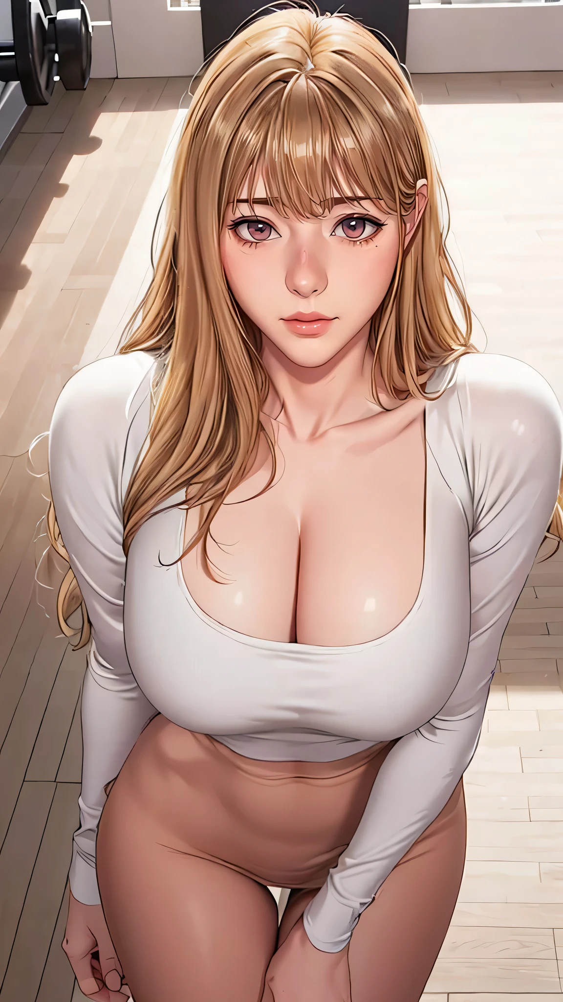 （（（aldult,blonde hair,long hair,brown eyes, （（（Denia，Manha，White shirt,pencil skirt,black pantyhose, ））），（（（wide hips））），S-shaped body:1.7））），((masterpiece)),high resolution, ((Best quality at best))，masterpiece，quality，Best quality，（（（ Exquisite facial features，looking at the audience,There is light in the eyes，Ha ha，blush，Shy ））），（（（Light and shadow interlace，huge ））），（（（gym background，running，from above，look down）））