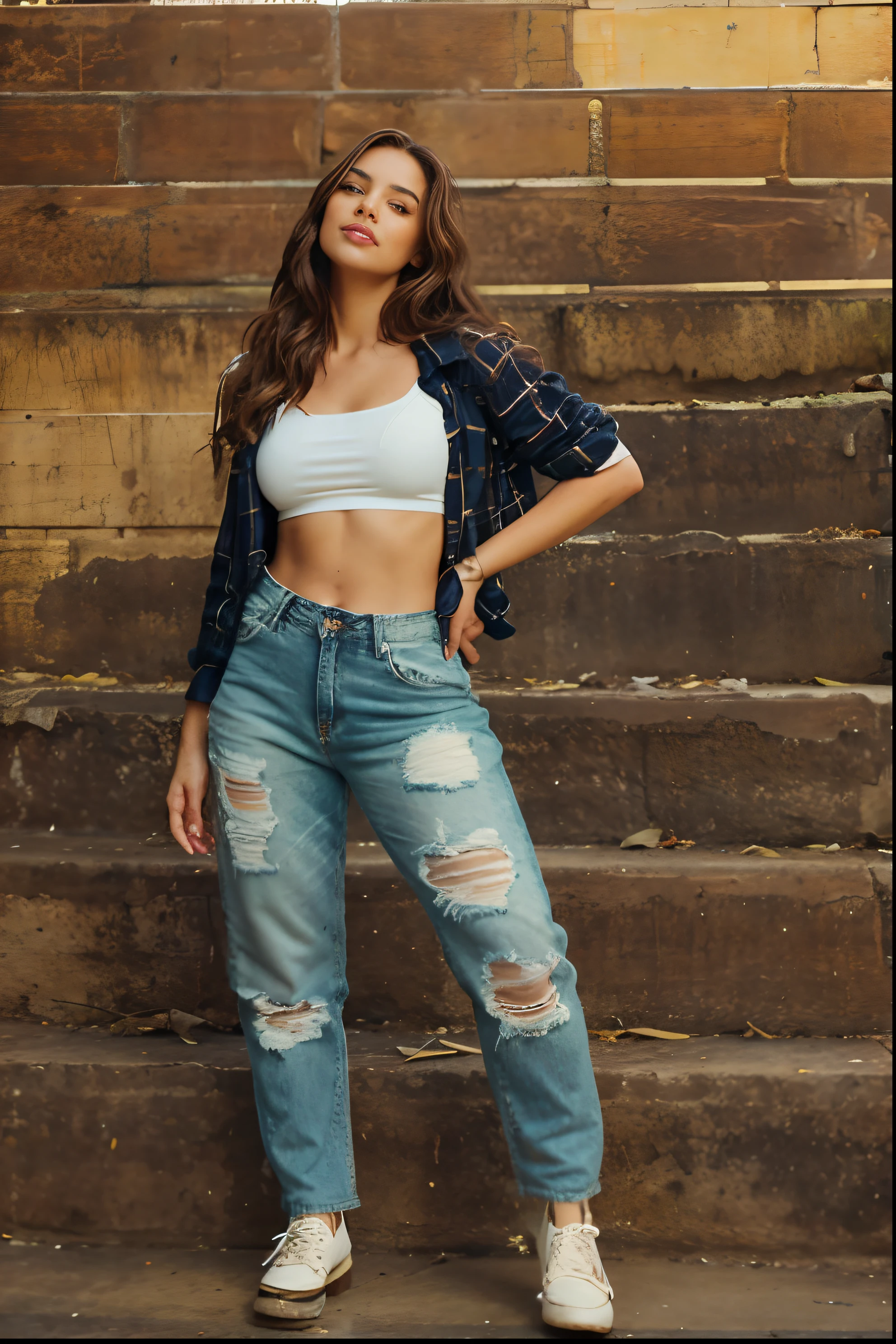 An urban adult female with a messy layered bob of long and curly brown hair, warm brown eyes reflecting compassion and kindness. Her self-assured demeanor and graceful figure exude elegance as she stands before an impressive urban white shirt and blue jeans . Clad in a sophisticated dark brown office frock and gladiator heels, she remains resolute in the face of an apocalyptic wind and weather. The photorealistic image captures her captivating presence amidst the chaos, and the sparkling eyes draw viewers into the compelling visual narrative of strength and determination , mixed race , smiling , looking away , 18 years old .