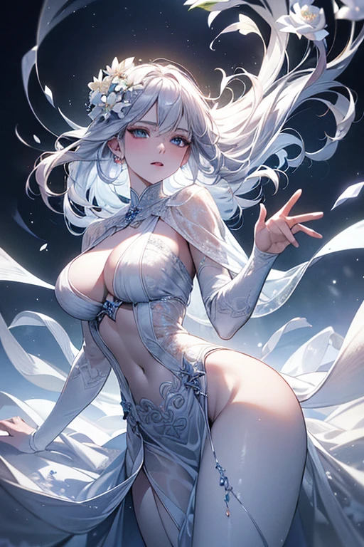 Paradise in Heaven, White lighting,(muste piece), (best quality), (cinematic), 8K, (art station),(長いwhite hairとSilvery eyesを持つ1人の女), (beautiful delicate face)、[Frozen trees々], [landscape crystal], [lighting], [Ethereal Atmosphere:1.1], [fantasy, short story] ,[soft なlighting] 、(+cinematic shot:1.2)、 [+art station] 、[+luminous white background] 、 [soft glow] 、(Creative and dynamic angles:1.3), [+Crystal Toning] 、muste piece, very detailed, Super detailed, solo, (pale skin), Silvery eyes, white hair, (snow background), (snowflake rosen flower:1.0), (shining crystal), (Snowy ground), (White lashes), sexy woman、dreamy and detailed, Gorgeous setting, 妖しい雰囲気 muste piece, The most beautiful scenes, majestic、(((full of white flowers)))、quiet and serene atmosphere、attractive, all white tones,Inside the crystal library,Transparent flowers and falling snow，Many white roses are planted,(water flowing,waterfall,water bloom),The decoration is also carefully done.,dream（very detailedです，creative design，crisp and precise lines，K HD，best quality，master piece，超High resolution，In 4K）、Diverse poses、((beautiful white flower hair ornament))、beautiful hairstyle、(best quality, In 4K, 8K, High resolution, muste piece:1.2), Super detailed, detailed expression, graceful posture, expressive brush strokes, mysterious atmosphere, artistic interpretation,Delicate floral jewelry， (((Detailed design、beautiful transparent dress、Sheer sexy dresses)))、(SFW:1.5), (oversized breasts, best body proportions, proportions of large breasts,:1.5),(white decoration on thigh)、((Beautiful accessories that wrap around your legs))。((A beautiful accessory that wraps around your wrist))