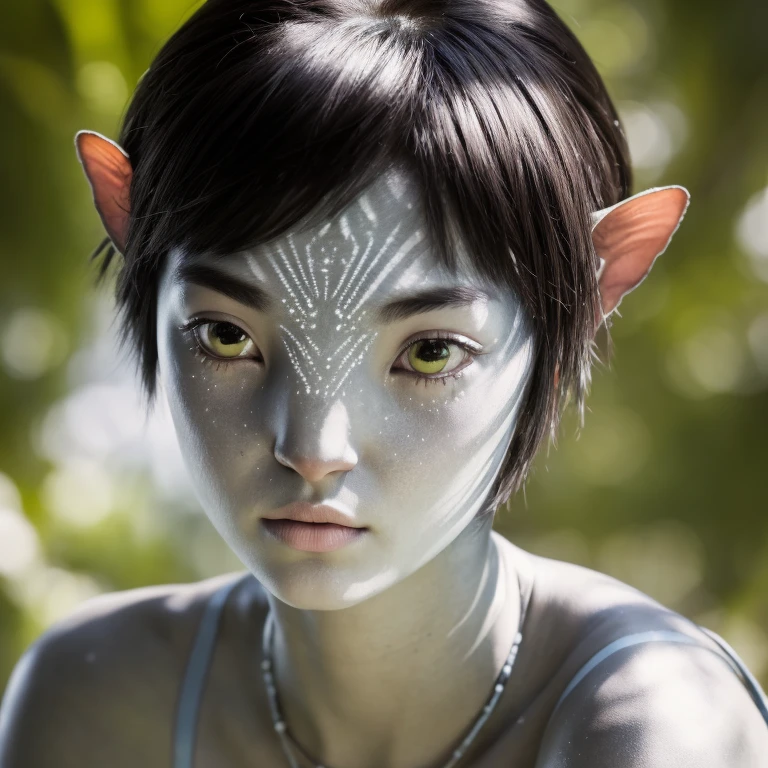 avtr:0.9, avatar style, portrait photo:1.6, 1girl:1, female, (asian, japanese), Rina Fukushi:1, gray skin color:1.0, (gray skin tone:1.3), shirome, (short hair:1.0), black hair color, (****), teenage, wearing tribal clothing, wearing a top:1.3, wearing a loincloth, detailed eyes, toned body, muscled body, glowing, ethereal atmosphere, natural lighting, textured skin, otherworldly beauty, mesmerizing photography, (best quality, highres), vivid colors, ultrarealistic, skin details, striped skin, sfw, face close-up, (eyebrowless:1.0), ultradetailed body