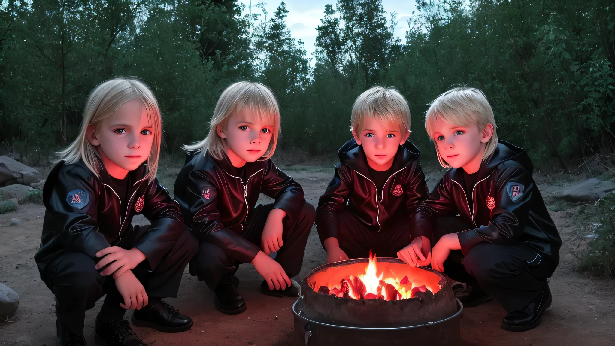 3 meninos loiros COM CABELO LISO, jaqueta de couro preta e roupa PORTRAIT , the flames are glowing in the dark with a GREEN fire reflection, chamas de fogo, chamas ao fundo, fogo e chamas, chamas ao fundo.