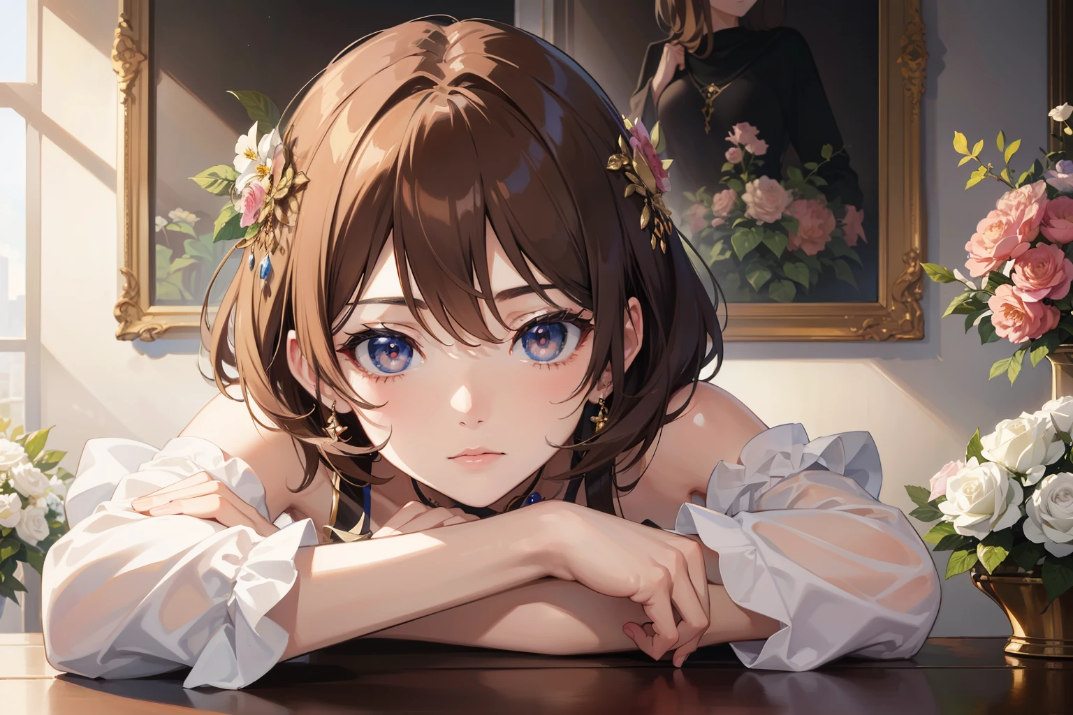 Official Art, Masterpiece European female face, short hair, lightbrown hair , brown eyes , flower garden , (masterpiece、top-quality、hight resolution: 1.4),in 8K, Drawing of a woman with short lightbrown hair, Anime Art Nouveau, highly detailed exquisite fanart, anime fantasy illustration, clean detailed anime art, detailed anime art, Sharp Focus, Delicate Beautiful Hair and Eyes and Face, realisitic, ultra-detailliert, a beauty girl,