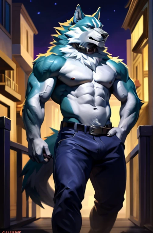 shirou_ogami, shirou_BNA, 4k, high resolution, best quality, posted on e621, solo, anthro body, male, adult, masculine, (very muscular, heavyweight:1.2), correct anatomy, (night city background), (by taran fiddler, by chunie:1.0), (naked:1.2), massive penis, dick, balls, (penis: 1.5), (detailed face, detailed eyes:1.1), (cel shaded:1.2), strong shadows, confident, darkness:1.2, dark shadows, standing in shadows, dim