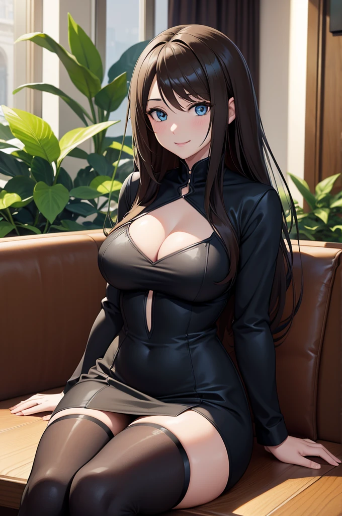 one Rebecca wearing black clothes, sitting in a cafe with lots of plants, long brown hair, blue eyes, sexy hourglass figure, smiling seductively, [ 4 k digital art ]!!, seductive anime girl, deviantart artstation cgscosiety, trending on cgstation, 8k high quality detailed art, photorealistic anime girl render, kawaii hq render, commission for high res, thicc