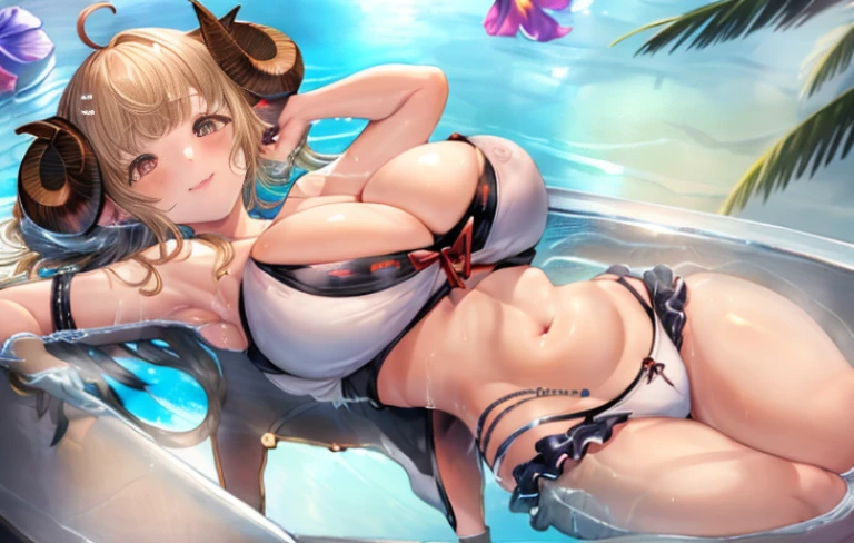 girl,swimsuit,Big sheep horns,in bath, realistic, ultra high resolution, Complex, very detailed, (skin dents), 1boy, detailed body, (detailed face: 1.1), (outlined iris), (hydro color lenses), (perfect eyes), 4K, nice, (masterpiece: 1.2), (highest quality: 1.2), wide hips, thick hips, (big breasts: 1.2) and (huge breasts: 1.2), Completely transparent pink blouse, Transparent invisible holder, seductive pose, stripper, clearly visible, two large It&#39;s sticking out, It&#39;s sticking out, (water droplets on the skin), detailing water droplets on the skin, View from behind, standing with your back,short black hair, boy has  handsome boy, boy , smile, blushing face,