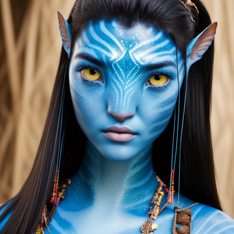 avtr:1.1, avatar style, portrait:1.6, 1girl, female, Devon Aoki:2, d3v0n4, (blue skin tone:1.0), (long hair:1.0), black hair color, (adult), 35 years old, face wrinkles, wearing tribal clothing, wearing a top, detailed eyes, toned body, muscled body, vibrant colors, glowing, ethereal atmosphere, surrealistic dreamy lighting, textured skin, otherworldly beauty, mesmerizing photography, (best quality, highres), vivid colors, ultrarealistic, skin details, striped skin, sfw, face close-up:0.5, ultradetailed body