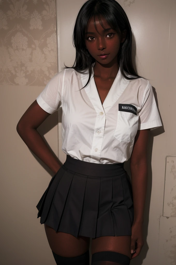 (8k ultra HD quality, best quality, art, high quality, perfect light, absurd, ultra detailed, woman, alone, dark-skinned woman, black hair, dark skin, big breasts, sexy, Japanese school costume, portrait, black knee-high socks, sexy student, parted lips, dark eyes, looking at viewer, Japan street background, huge breasts, small sample, sexy, olive skin, dark skin, holding breasts, wallpaper, short skirt, high school girl sexy.