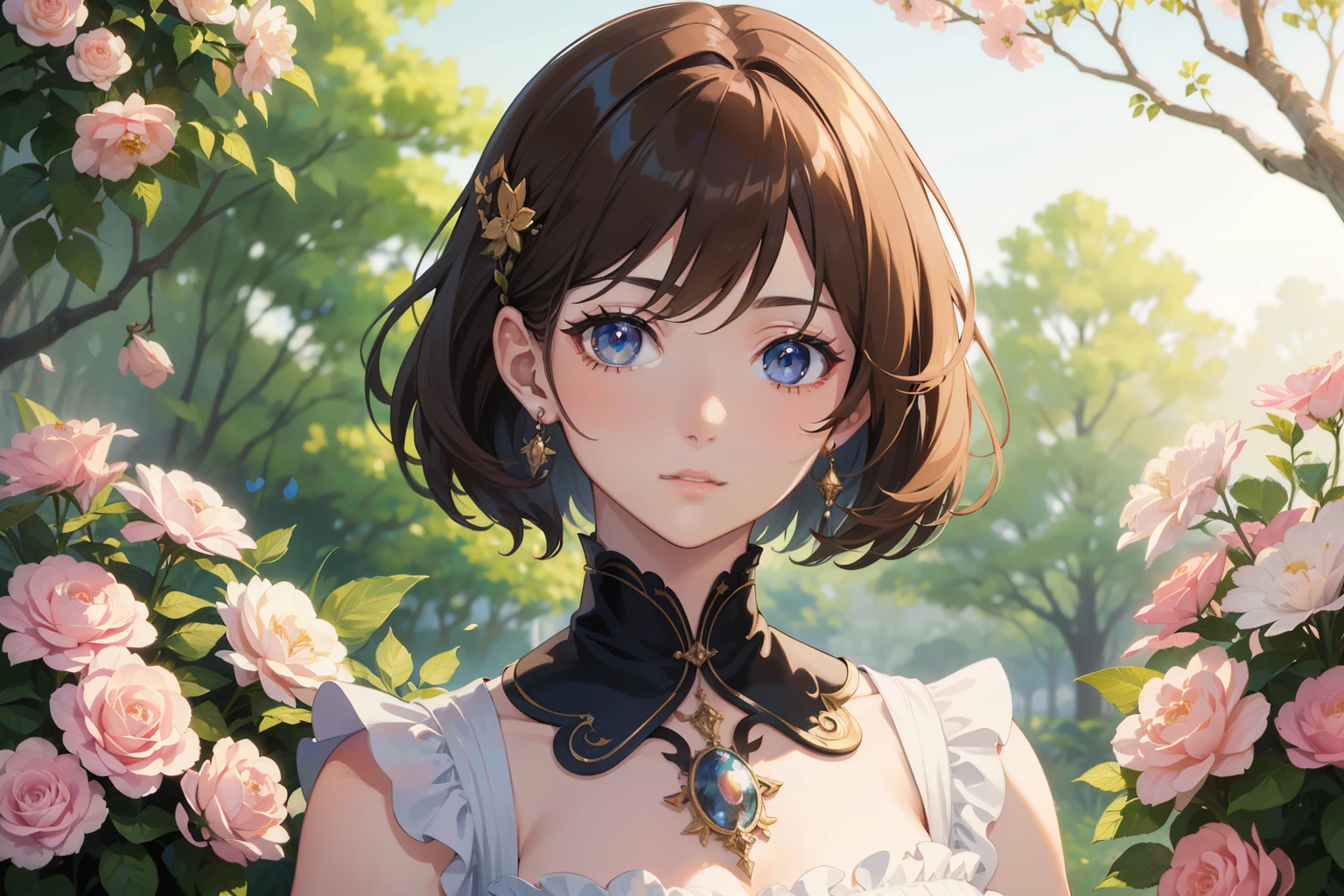 Official Art, Masterpiece European female face, short hair, lightbrown hair , brown eyes , flower garden , (​masterpiece、top-quality、hight resolution: 1.4),in 8K, Drawing of a woman with short lightbrown hair, Anime Art Nouveau, highly detailed exquisite fanart, anime fantasy illustration, clean detailed anime art, detailed anime art, Sharp Focus, Delicate Beautiful Hair and Eyes and Face, realisitic, ultra-detailliert, a beauty girl,