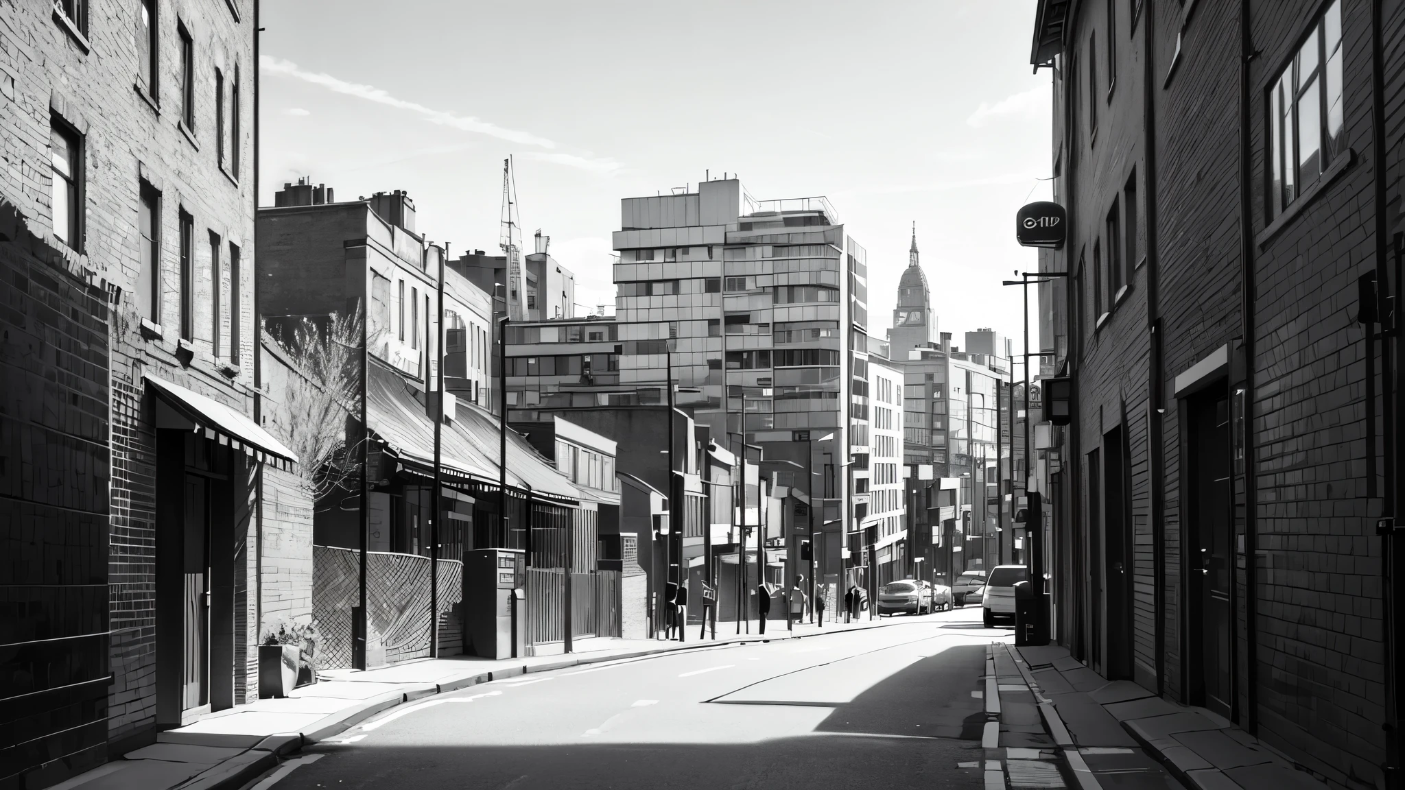 London neighbourhood, black and White lineart, street level side view, some bricks wall at foreground, some taller buildings on the far background