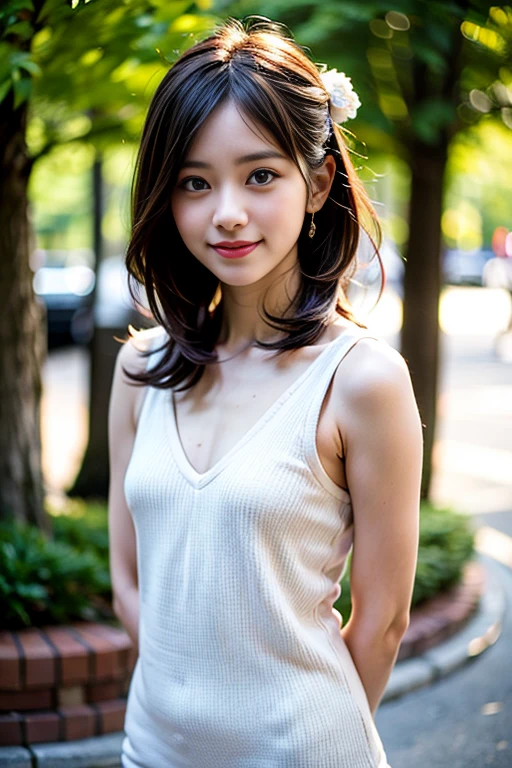 (3 girls:1.2),(nude)、 cute girls stand with smile, (12 yo:1.2), casual dress, hair ornaments, jewelry, park, uhd, RAW, sharp focus, (photorealistic), best quality, ultra high res, (masterpiece), short hair, (flat chest:1.4), (arms behind back:1.2),