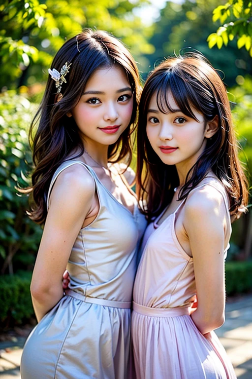 (3 girls:1.2),(nude)、 cute girls stand with smile, (12 yo:1.2), casual dress, hair ornaments, jewelry, park, uhd, RAW, sharp focus, (photorealistic), best quality, ultra high res, (masterpiece), short hair, (flat chest:1.4), (arms behind back:1.2), 