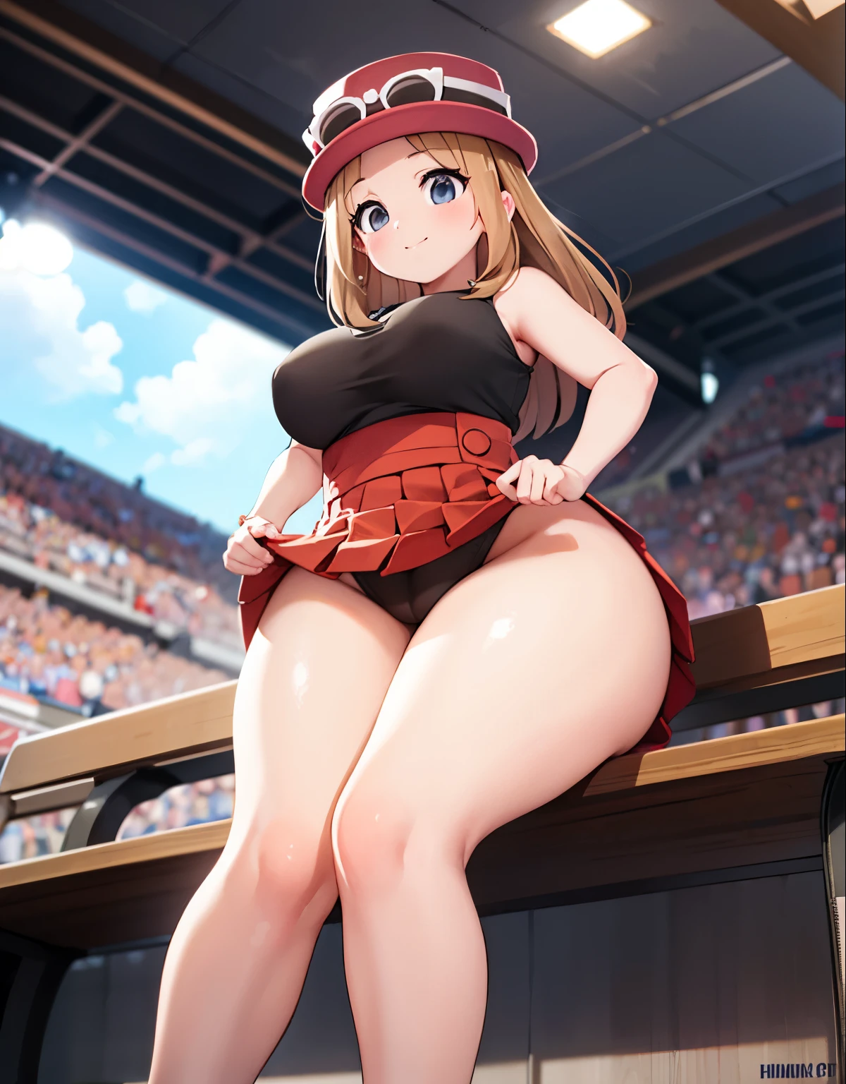 (best quality, highres, masterpiece:1.2), ultra-detailed, realistic:1.37, sketches, body shape, curvy body, fullbody, wide hips, perfect eyes:1.2, detailed eyes:1.4, eyewear on head, hat, skirt, sunglasses, shirt, black shirt, sleeveless, red skirt, pink hat, detailed eyes, innocent gaze, nervous, fearful, embarrassed, nervous smile, visible thighs, chubby thighs, thighs in the foreground, sitting in a bench, into a stadium, watched by a crowd of men, they observe her body, vibrant colors, nervous look, fearful, afraid, timorous smile, looking_at_viewer, bis ass, wide hips, fullbody, (looking down:1.2), (shoot from below:1.1), dutch angle, she tries to hide her thighs with her hands