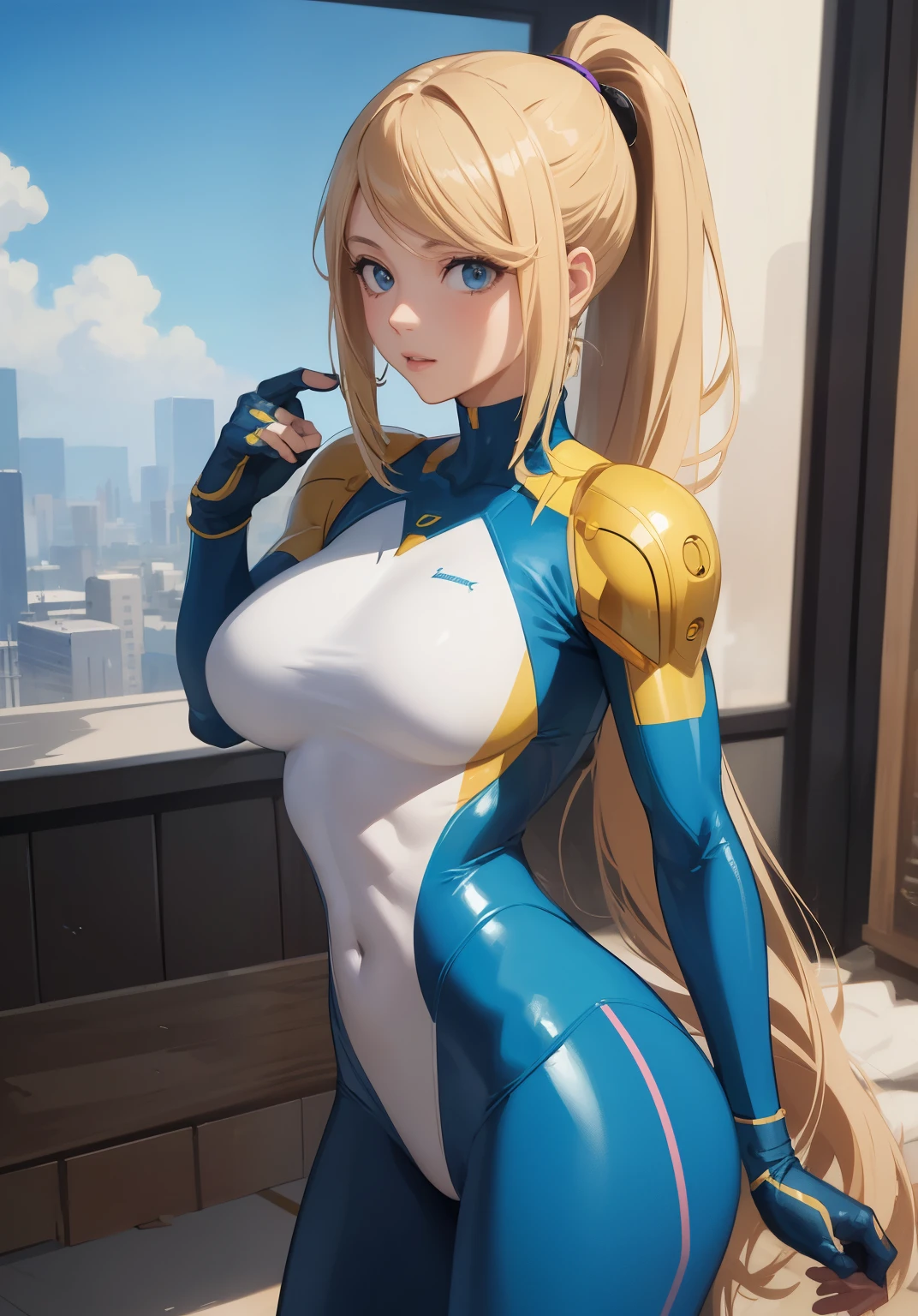 (anime,masterpiece, top quality, best quality,beautiful and aesthetic:1.2,professional illustrasion:1.1,ultra detail:1.3, official art, professional illustrasion, Ultra-detailed depiction, Ultra-precise depiction, extremely detailed 8k illustration, highres, ultra detailed painting, soft shadows), (girl), samus aran \(cosplay\), cool beauty, milf, glossy, (golden long hair), (ponytail), big breasts, perfect body, pubic hair, blue samus aran suit,