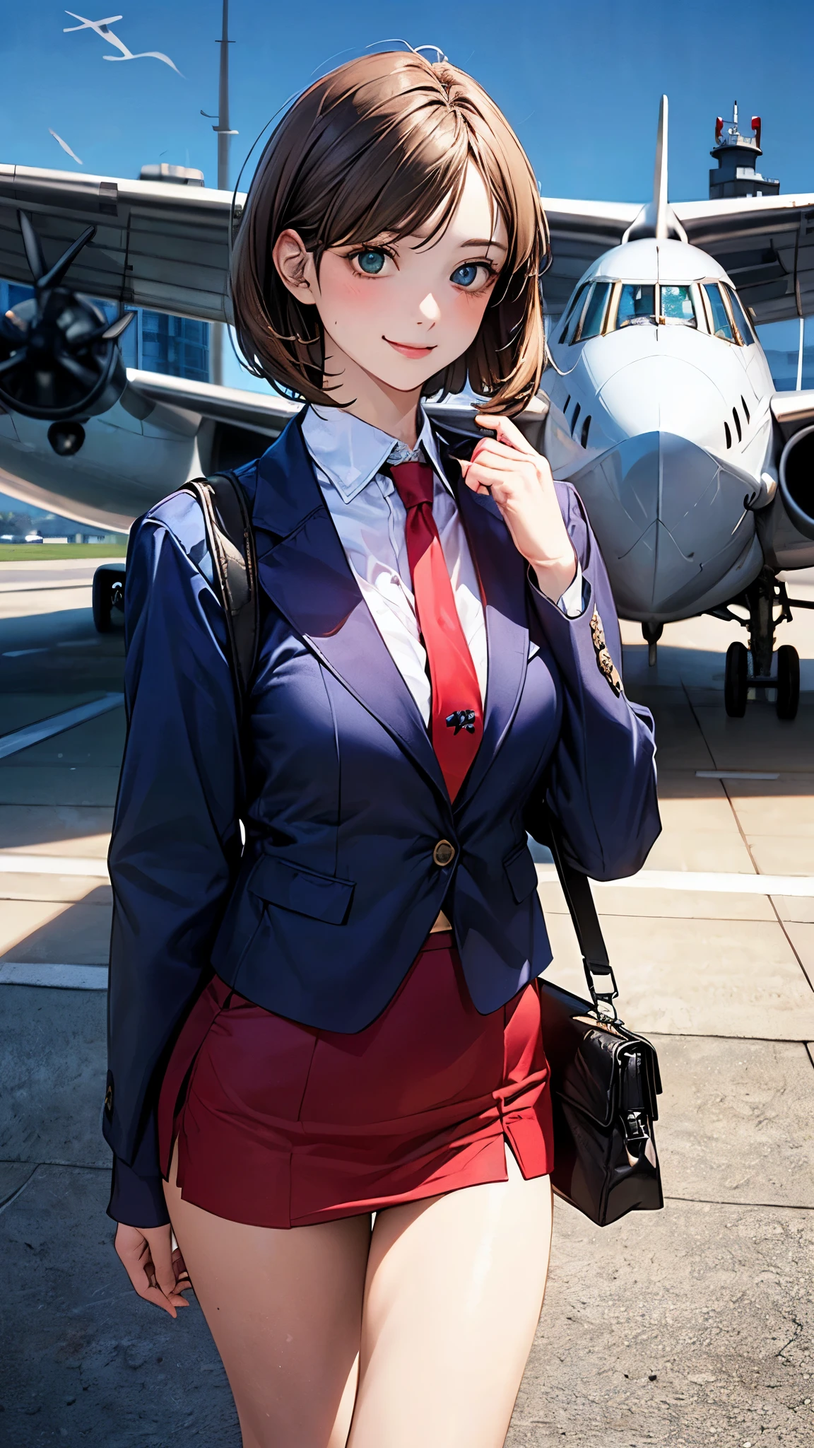 (masterpiece:1.2, top-quality), (realistic, photorealistic:1.4), beautiful illustration, (natural side lighting, movie lighting),
looking at viewer, cowboy shot, front view:0.6, 1 girl, japanese, 19 years old, perfect face, cute and symmetrical face, shiny skin,
(lshort hair:1.2, bob cut:1.2, light brown hair), parted bangs, emerald green eyes, long eye lasher, (large breasts:0.9, thick thighs), babyface,
beautiful hair, beautiful face, beautiful detailed eyes, beautiful clavicle, beautiful body, beautiful chest, beautiful thigh, beautiful legs, beautiful fingers,
((stewardess, flight attendant costume, (navy jacket), long sleeve white collared shirt, red tie, navy miniskirt, black high heels, shoulder bag)),
(beautiful scenery), evening, airport backdrop, plane, standing, formal pose, (smile), more details,