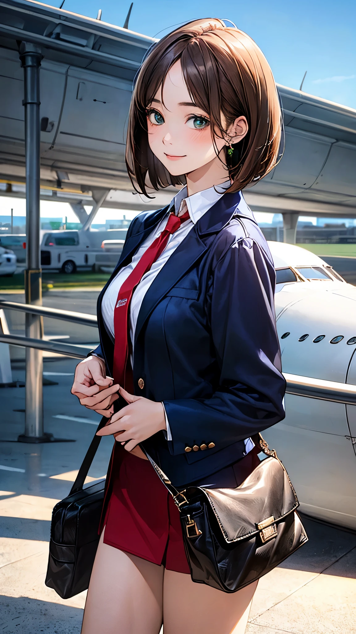 (masterpiece:1.2, top-quality), (realistic, photorealistic:1.4), beautiful illustration, (natural side lighting, movie lighting),
looking at viewer, cowboy shot, front view:0.6, 1 girl, japanese, , perfect face, cute and symmetrical face, shiny skin,
(lshort hair:1.2, bob cut:1.2, light brown hair), parted bangs, emerald green eyes, long eye lasher, (large breasts:0.9, thick thighs),
beautiful hair, beautiful face, beautiful detailed eyes, beautiful clavicle, beautiful body, beautiful chest, beautiful thigh, beautiful legs, beautiful fingers,
((stewardess, flight attendant costume, (navy jacket), long sleeve white collared shirt, red tie, navy miniskirt, black high heels, shoulder bag)),
(beautiful scenery), evening, airport backdrop, plane, standing, formal pose, (smile), more details,