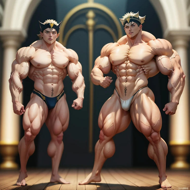 Anime, High quality full body image of asta as a bodybuilder in a tight thong, ohne Schuhe, Feet, bare Feet, massive muscular body, huge muscular shoulders, Massive big biceps, Venen im Bizeps, Muskelbeine, massive muscular abs, Bizepsflex. posierend, er schwitzt, very muscular, The toned body shines in the spotlight, on a stage and shows off his muscles , a lot of muscular