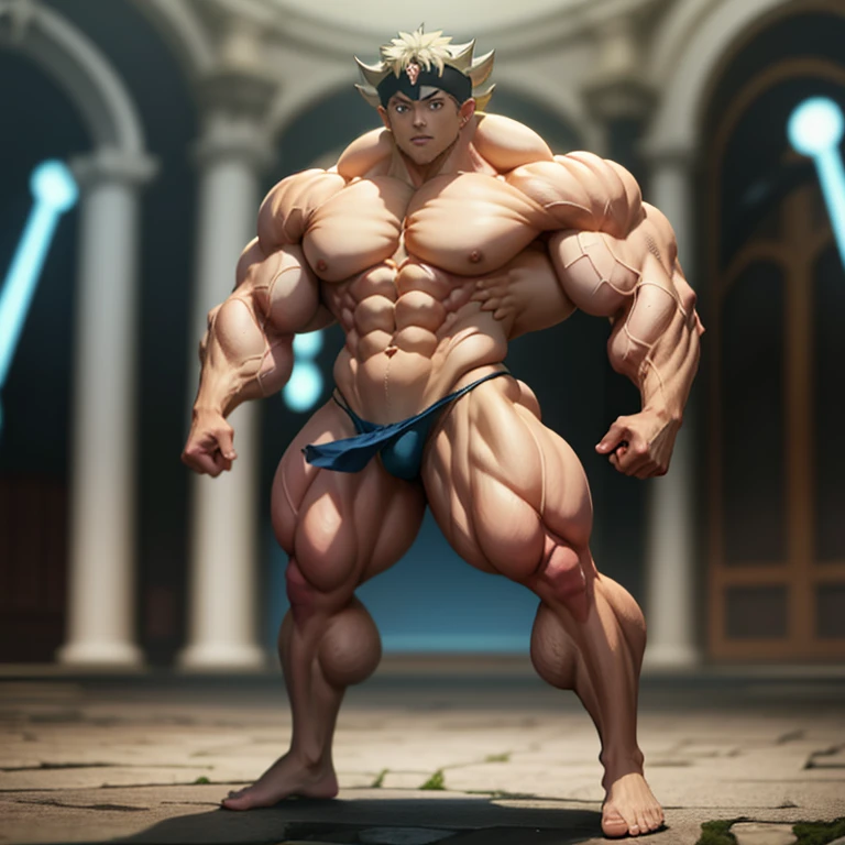 Anime, High quality full body image of asta as a bodybuilder in a tight thong, ohne Schuhe, Feet, bare Feet, massive muscular body, huge muscular shoulders, Massive big biceps, Venen im Bizeps, Muskelbeine, massive muscular abs, Bizepsflex. posierend, er schwitzt, very muscular, The toned body shines in the spotlight, on a stage and shows off his muscles , a lot of muscular