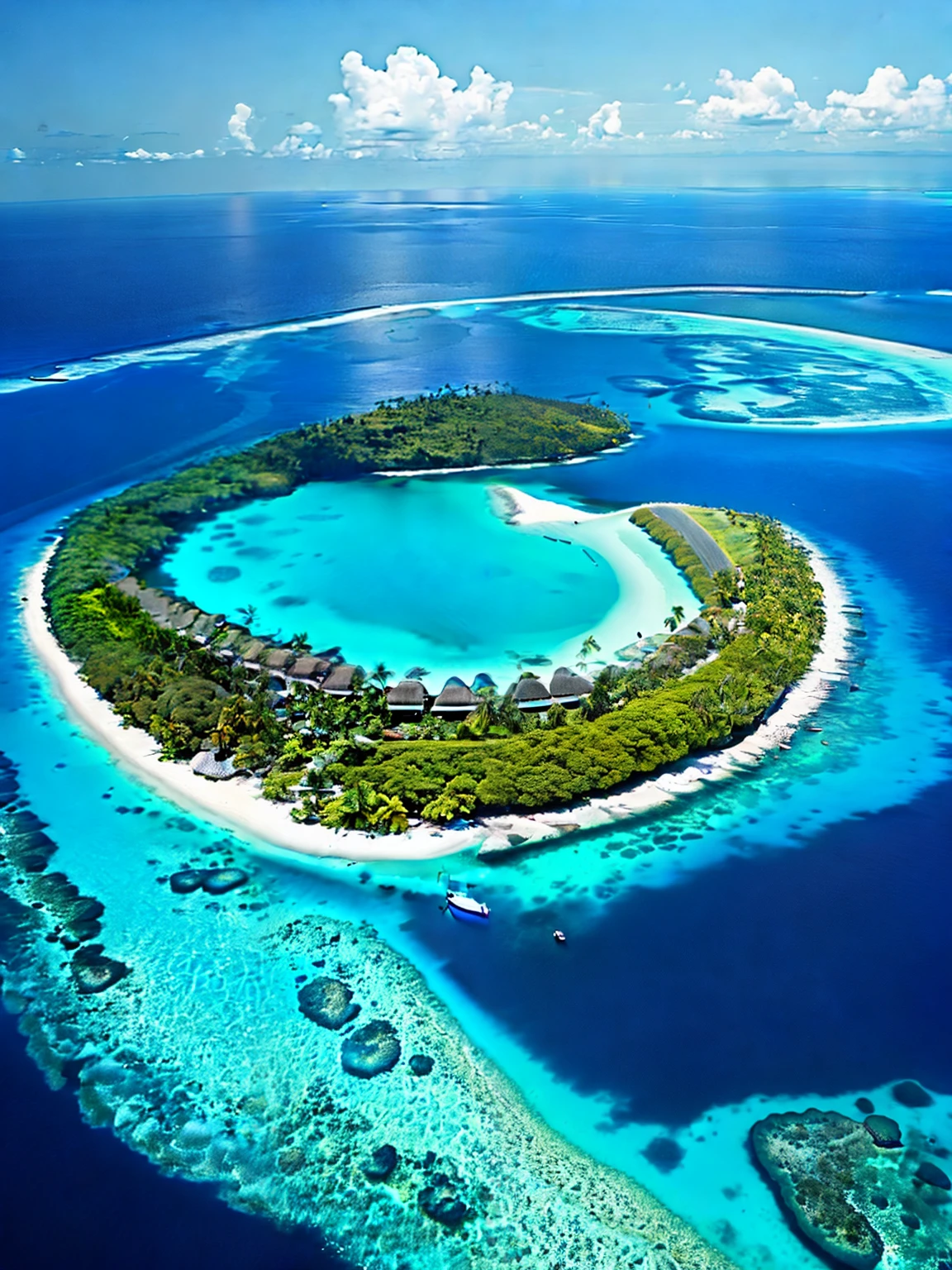 imagine an island in the Maldives, an archipelagic nation in the Indian Ocean, south of India. The islands are known for their clear waters, coral reefs, and overwater bungalows. The waters surrounding the islands are known for their rich marine life. The image shows the islands, the blue waters surrounding them, and the bright blue sky above.