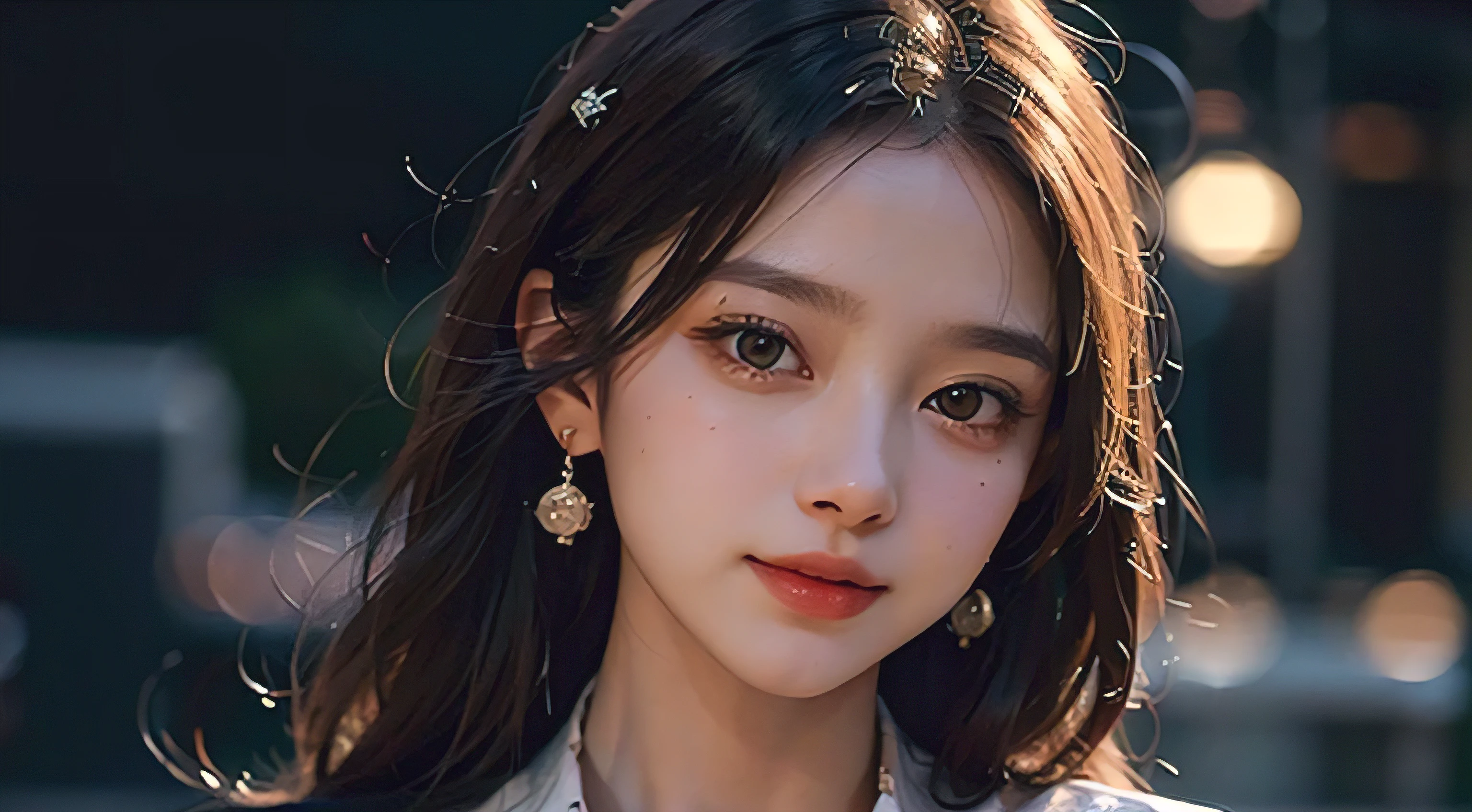(Button length to shirt length ratio: 1.2), (The white shirt was soaked by the rain), (Unbutton your shirt: 1.1), Big deal, deep understanding, top quality, masterpiece, Like the photo, Posing for photos, Show the whole body, very delicate and beautiful, Very detailed, CG, unity, 8k wallpaper, amazing, Exquisite details, 高度详细的CGunity8k wallpaper, File size is large, Very detailed, high resolution, Handsome and exquisite woman, Eyes and facial details are very rich, 眼睛细节amazing, Coordinating Minister, (Best Illustration: 1.1), (best shadow: 1.1), super high resolution, (lifelike: 1.1), (lifelike 1.2:1.1), Real face proportions, Slim, Smile, (cosmetic: 0.4), (fluffy black eyes: 1.21), black eyes, watch audience, dark brown hair, earrings, necklace, hairpin, cowboy shooting, (Irregular skin defects, vein, wrinkled pores on skin: 1.2), (Pitch black night background: 1.2), (Bokeh: 1.4),