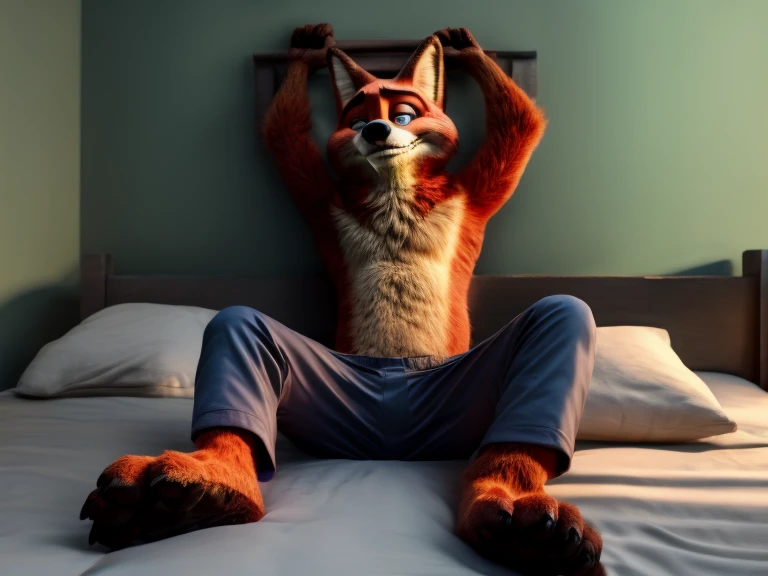 high resolution, best quality, masterpiece, perfect colors, perfect shadows, perfect lighting, Barefoot hypnotised Nick Wilde is lying on a bed with his arms and legs spread, wearing black pyjamas, strapped to the bed by his wrists and ankles, detailed nice big paws with claws and toe ring, in a trance, a look of weak resistance to hypnosis on his face, drooling, green glow in his eyes, visible soles. anatomically correct, super detail, nice big paws with pawpads