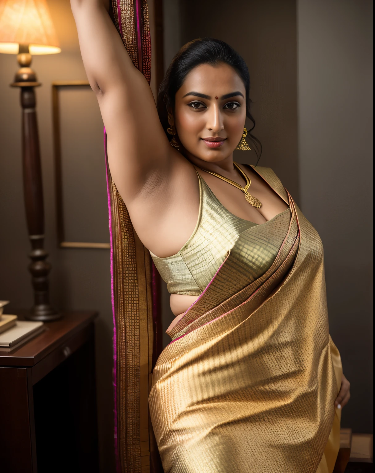 Foto RAW, photorealistic, photography, full body shot, master shot, perfect eyes, goddess like beauty, pierced eyes, perfect thick chubby mallu Desi aunty bhabhi, Wearing a Stanapatta, a chest-band.Saree model, model Photography, Indian saree shoot, Indian traditional wear advertising photography, traditional wear brand shoot, face of Indian actress Sonakshi Sinha, masterpiece, realistic, realism, incredible details, pleasure, photorealism, detailed skin, skin pores, high contrast, photorealistic Artstation 8k HD digital art trend of high definition and detailed realistic skin texture, ultra detail, realistic skin texture, armature, best quality, ultra high definition, (photorealistic:1.4),, high resolution, detail, raw photo, sweat, Re sharp, by Lee Jefferies Nikon D850 Film Stock Photo 4 Kodak Portra 400 Camera F1.6 Lens Rich Color Ultra Real Realistic Realistic Textures Dramatic Lighting Unreal Engine Trending at Art Station Cinestill 800,(pele altamente detalhada: 1.2), 8k UHD, DSLR, soft-lighting, alta qualidade, grain of film, Fujifilm XT3,she didn't like to wear blouse or bra, she is happy to wear only saree, she hates blouse or bra, detailed hairy armpits,