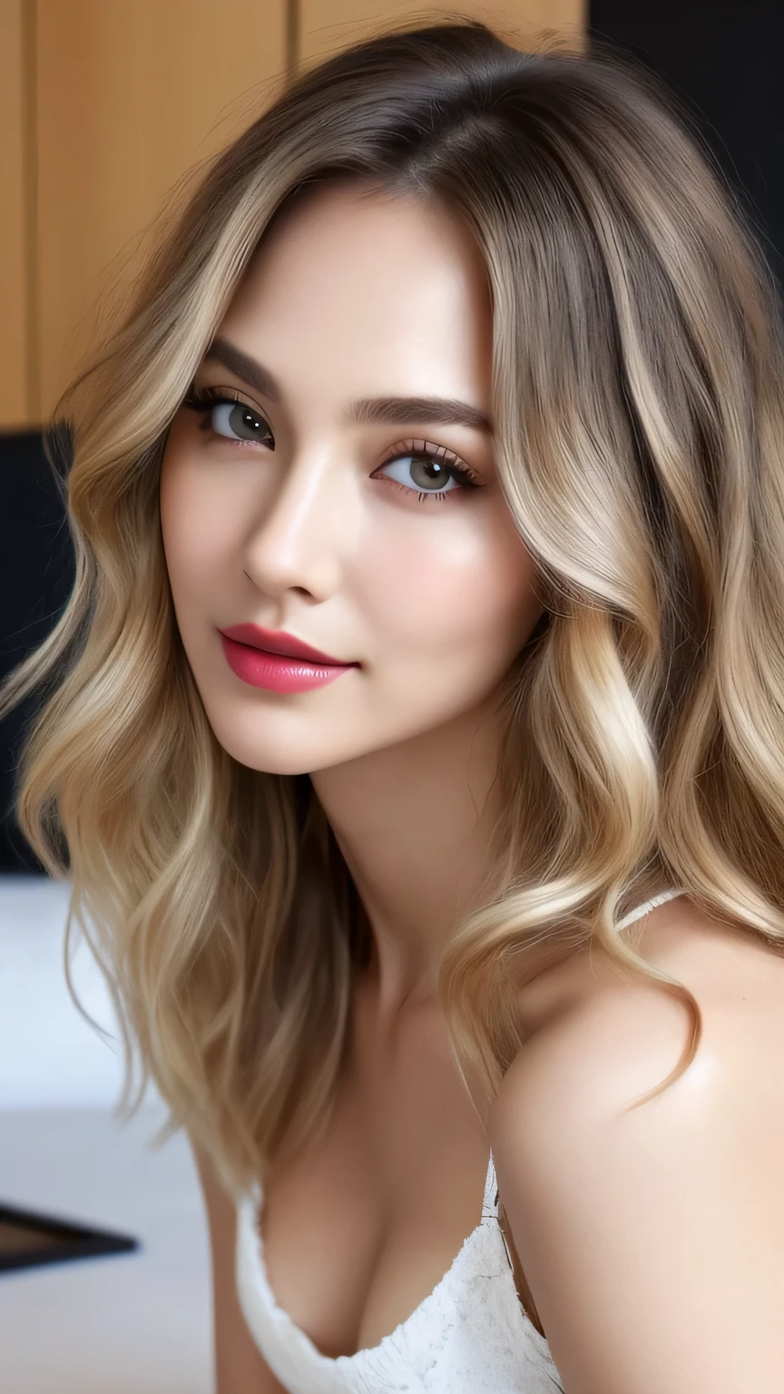 Ultra-realistic Movie Master Pie with ultra-detailed primetime portraits, 最high quality, 8K, table top, Ultra HD), 1 female 38 years old、fashion supermodel, blonde curly hair, dull bangs, hair behind the ear, hair over, shoulder, long hair, slender body shape, super detailed face, delicate lips, Medium large, beautiful eyes, double eyelid, lipstick, light blush, black eye , perfect shiny skin, perfect skin ,white skin, sweaty, invite the gaze, Ultra-thin pointer, very thin fingers, beautiful feet, 中chest，closed your mouth, perfect teeth, proportional body shot, chest、head、shoulder、spread your legs、Medium large、provocative pose,  (cinematic look), sexy、masterpiece, 最high quality, high quality, High resolution、