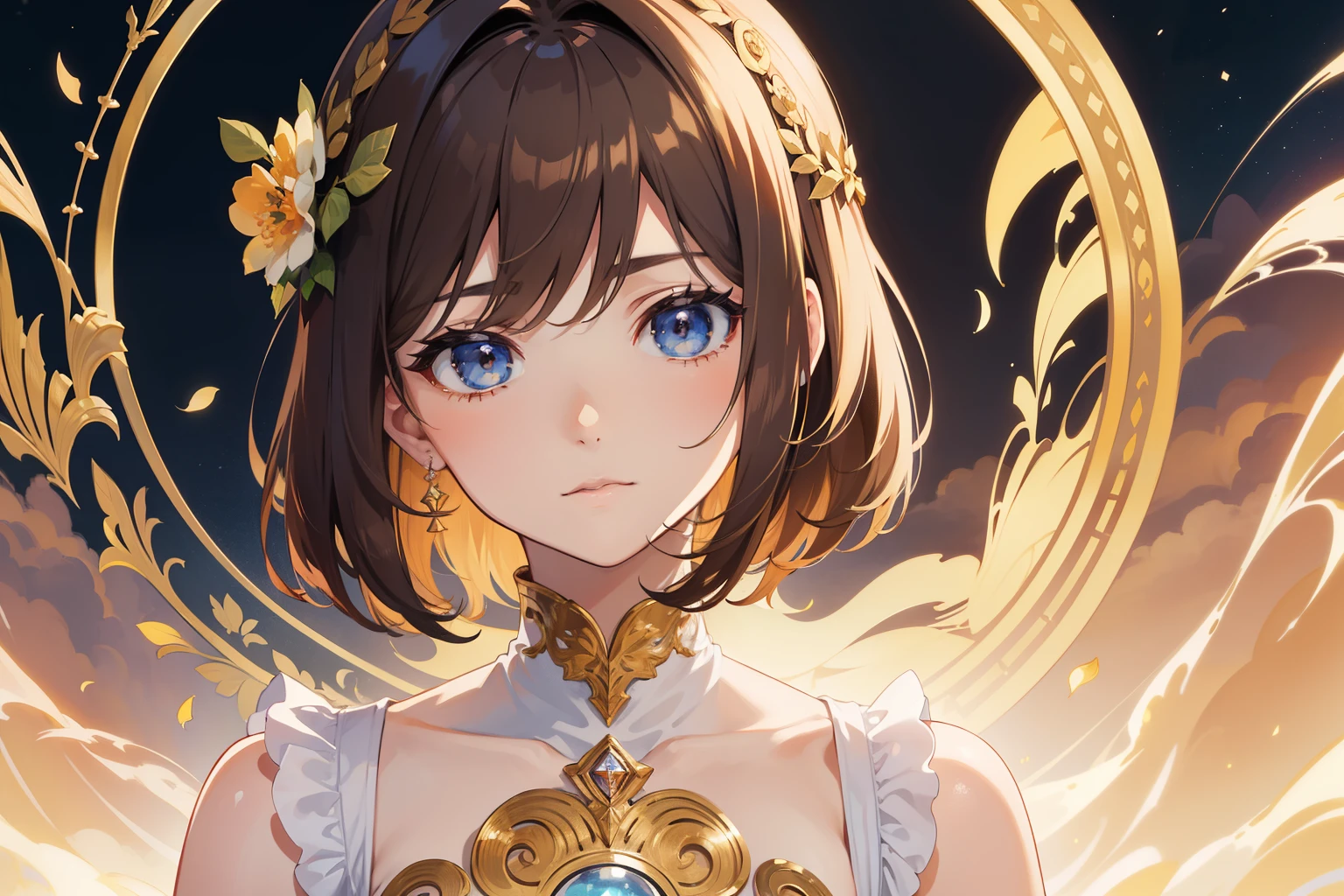 Official Art, Masterpiece European female face, short hair, lightbrown hair , brown eyes , flower garden , (masterpiece、top-quality、hight resolution: 1.4),in 8K, Drawing of a woman with short lightbrown hair, Anime Art Nouveau, highly detailed exquisite fanart, anime fantasy illustration, clean detailed anime art, detailed anime art, Sharp Focus, Delicate Beautiful Hair and Eyes and Face, realisitic, ultra-detailliert, a beauty girl,