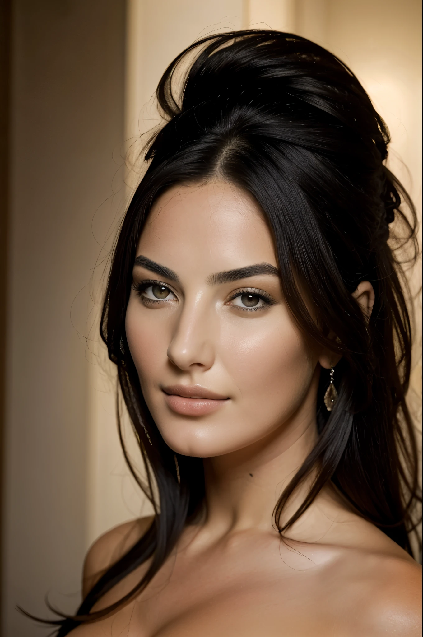 full portrait of a young Italian woman resembling Monica Bellucci, smiling, skin pores, dramatic lighting, ambient occlusion, high level of detail, intricate skin details, skin imperfections, beautiful face and fascinating eyes, sharp details, hyper realistic, sharp focus, perfect detailed anatomy, perfect detailed face, perfect details, eyes, octane rendering, 8k, masterpiece, maximum quality.