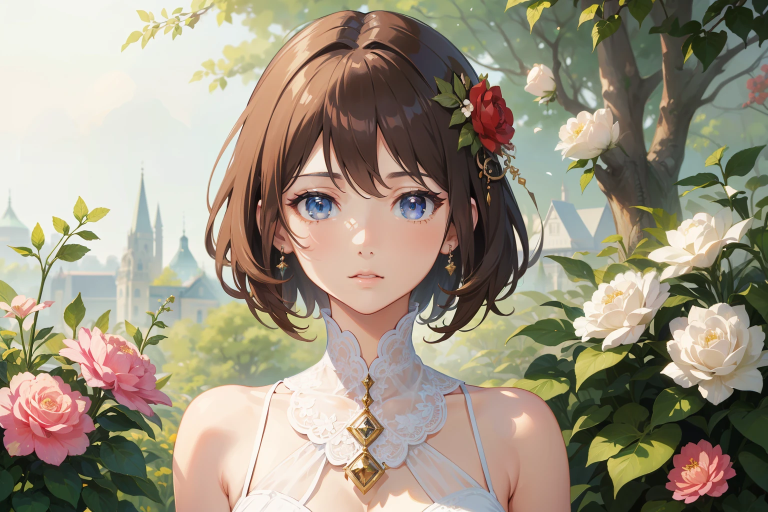 Official Art, Masterpiece European female face, short hair, lightbrown hair , brown eyes , flower garden , (masterpiece、top-quality、hight resolution: 1.4),in 8K, Drawing of a woman with short lightbrown hair, Anime Art Nouveau, highly detailed exquisite fanart, anime fantasy illustration, clean detailed anime art, detailed anime art, Sharp Focus, Delicate Beautiful Hair and Eyes and Face, realisitic, ultra-detailliert, a beauty girl,
