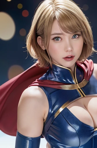 cartoon_dc_powergirl_ownwaifu, breasts, blonde hair, cape, cleavage, cleavage cutout, clothing cutout, blue eyes, large breasts, gloves, superhero, short hair, leotard, lips, belt, blue gloves, red cape, thighs, makeup, lipstick, white leotard, highleg, official art, A beautiful Japanese 25-year-old woman, extremely detailed CG unity 8k wallpaper, perfect lighting,Colorful, Bright_Front_face_Lighting,shiny skin, (masterpiece:1.0),(best_quality:1.0), ultra high res,4K,ultra-detailed, photography, 8K, HDR, highres, (absurdres:1.2), Kodak portra 400, film grain, blurry background, (bokeh:1.2), lens flare, (vibrant_color:1.2),professional photograph, (beautiful_face:1.5),