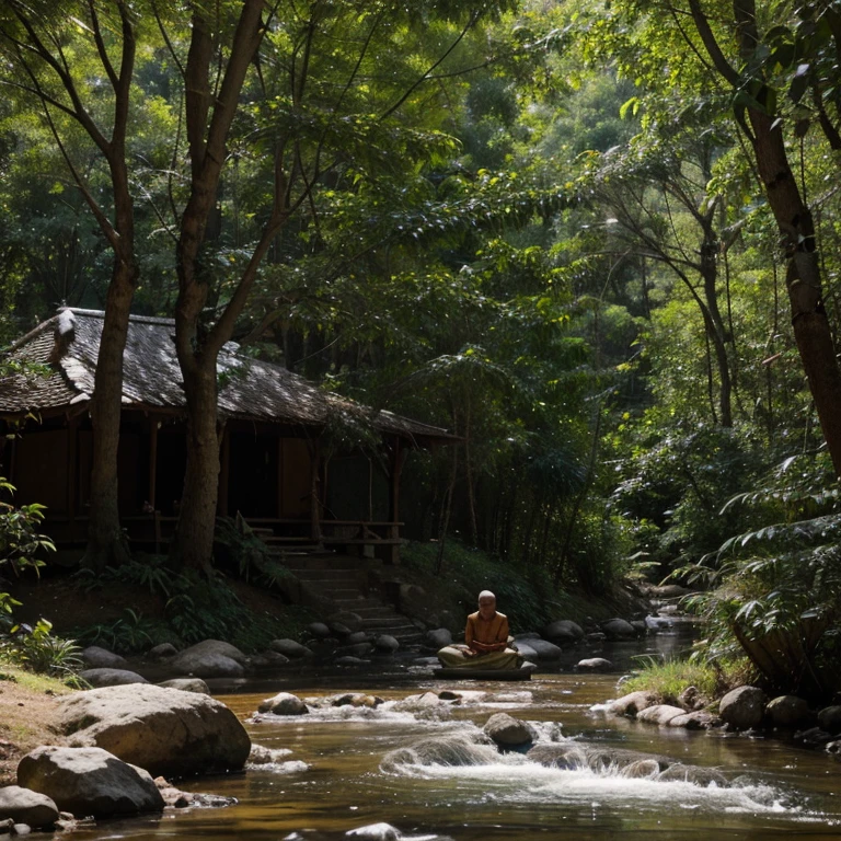 There is a picture of a Burmese monk meditating near a small tent under a large tree in a beautiful deep forest,a small stream flows next to it, a hyper realistic photo.
