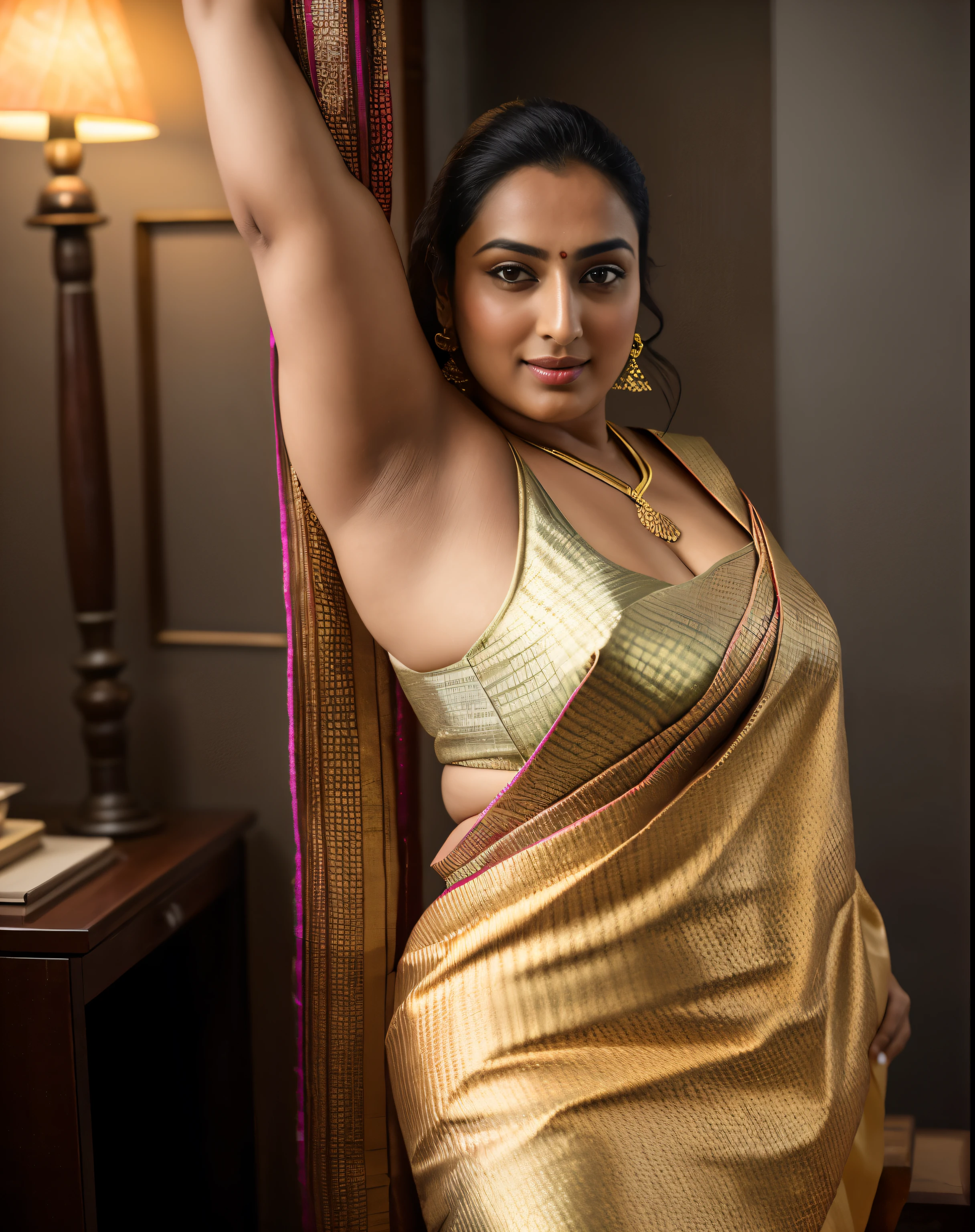 Foto RAW, photorealistic, photography, full body shot, master shot, perfect eyes, goddess like beauty, pierced eyes, perfect thick chubby mallu Desi aunty bhabhi, Wearing a Stanapatta, a chest-band.Saree model, model Photography, Indian saree shoot, Indian traditional wear advertising photography, traditional wear brand shoot, face of Indian actress Sonakshi Sinha, masterpiece, realistic, realism, incredible details, pleasure, photorealism, detailed skin, skin pores, high contrast, photorealistic Artstation 8k HD digital art trend of high definition and detailed realistic skin texture, ultra detail, realistic skin texture, armature, best quality, ultra high definition, (photorealistic:1.4),, high resolution, detail, raw photo, sweat, Re sharp, by Lee Jefferies Nikon D850 Film Stock Photo 4 Kodak Portra 400 Camera F1.6 Lens Rich Color Ultra Real Realistic Realistic Textures Dramatic Lighting Unreal Engine Trending at Art Station Cinestill 800,(pele altamente detalhada: 1.2), 8k UHD, DSLR, soft-lighting, alta qualidade, grain of film, Fujifilm XT3,she didn't like to wear blouse or bra, she is happy to wear only saree, she hates blouse or bra, detailed hairy armpits,