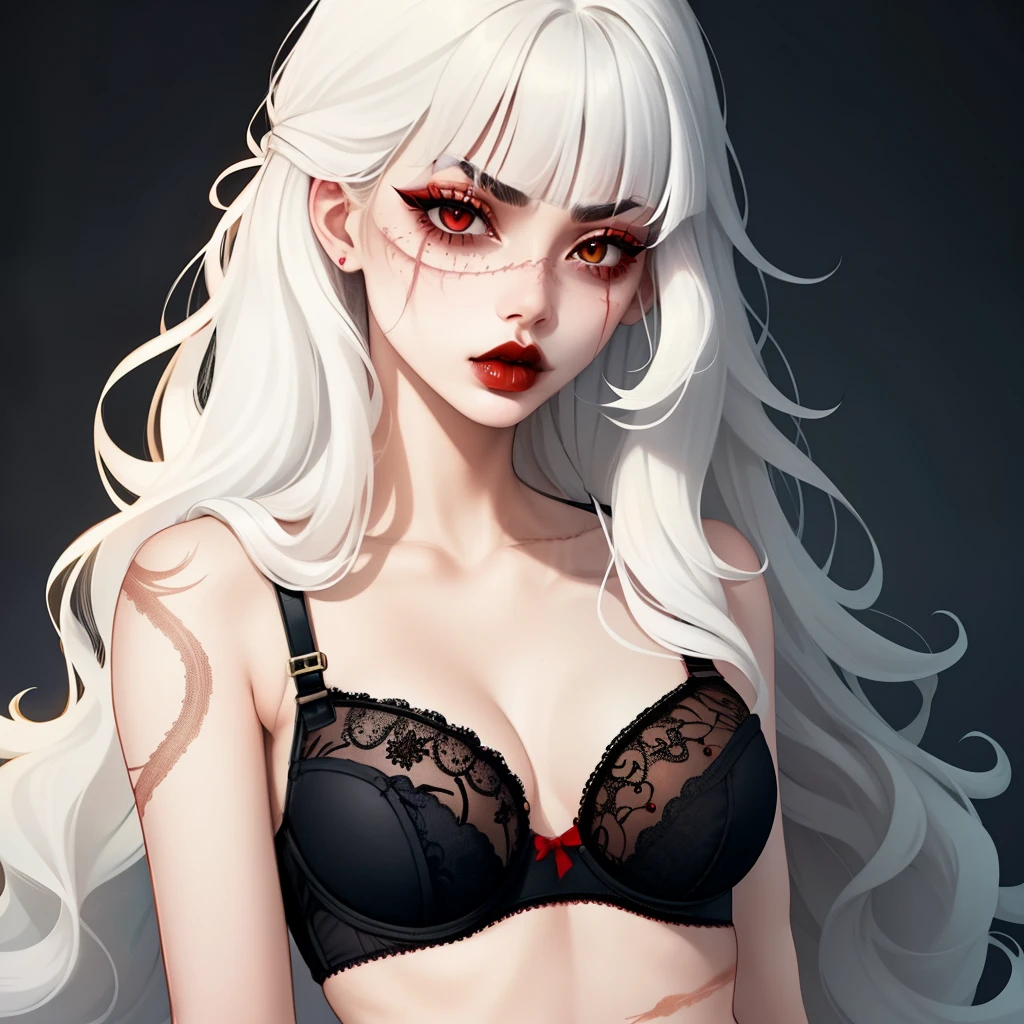 1girl, better_scar, scar on nose, white hair, long hair, blunt bangs, serious, vampire, pale skin, lipstick, lips, red lips, medium breasts, eyeliner, bra, 