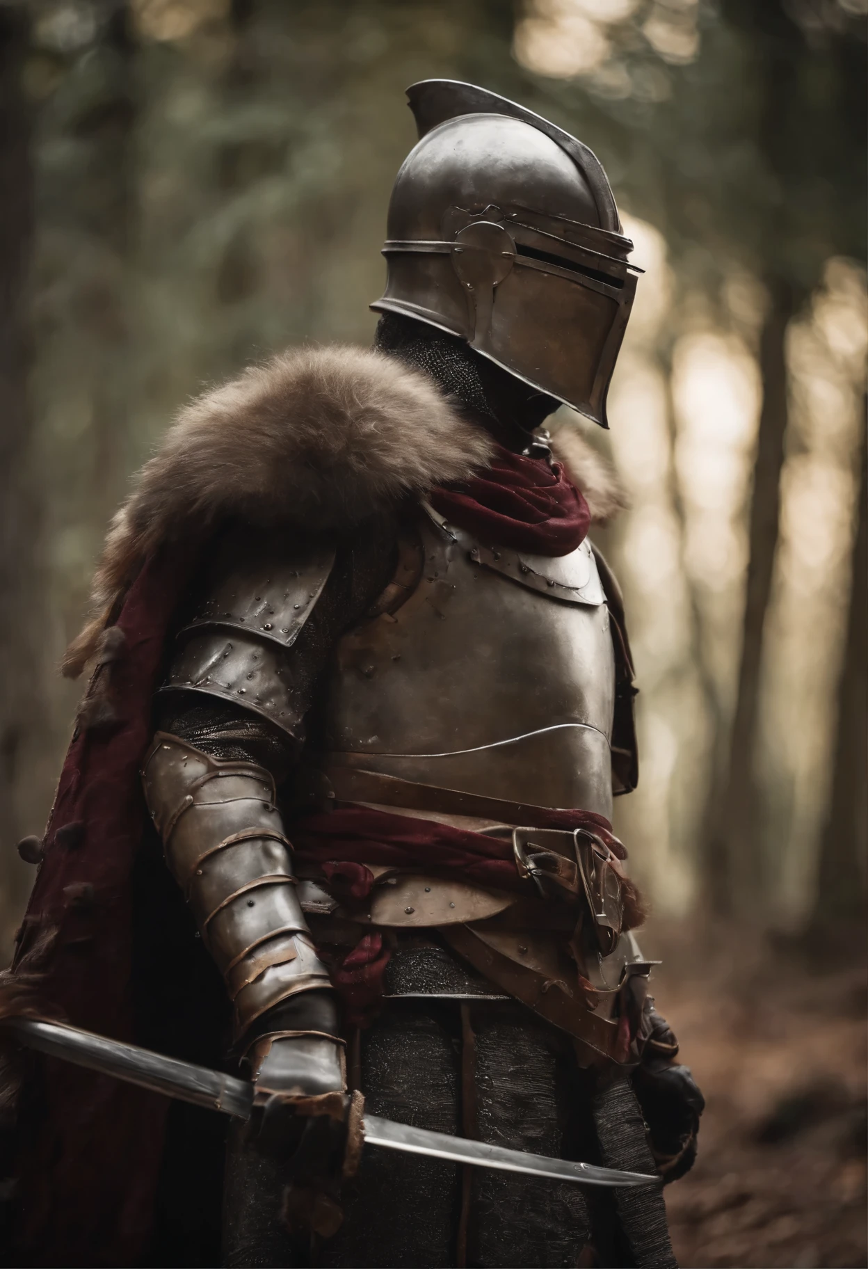 A knight in shining iron armor wielding a sword in the middle of a fierce battle, 4k, fotorrealista, extremamente detalhado, obra prima, Chaotic environment, melhor qualidade, altamente detalhado , close-up,