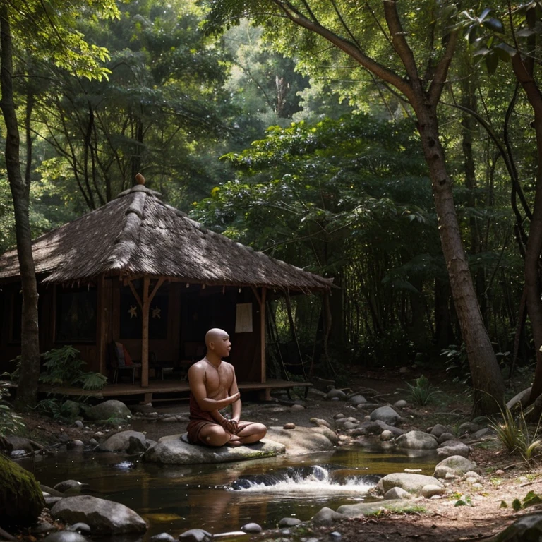 There is a picture of a Burmese monk meditating near a small tent under a large tree in a beautiful deep forest,a small stream flows next to it, a hyper realistic photo.
