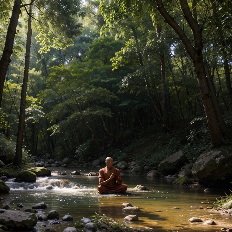 There is a picture of a Burmese monk meditating near a small tent under a large tree in a beautiful deep forest,a small stream flows next to it, a hyper realistic photo.