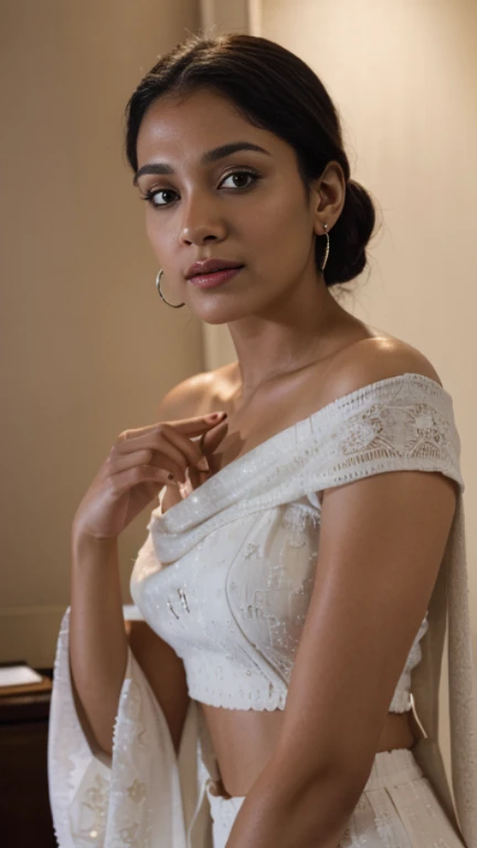 (editorial photograph of a young Indian women in white cloths red lips), karla ortiz, (highly detailed face:1.4) (smile:0.7) (backround 5 star hotel , moody, private study:1.3) POV, by lee jeffries, nikon d850, film stock photograph ,4 kodak portra 400 ,camera f1.6 lens ,rich colors ,hyper realistic ,lifelike texture, dramatic lighting , cinestill 800, realistic, karla ortiz, posing!!, candid picture, by Max Dauthendey,