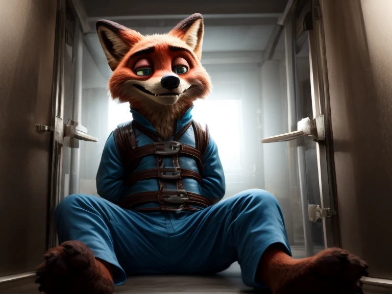 In a dark and eerie asylum, a hypnotized Nick Wilde sits imprisoned in a padded cell, his bare feet and detailed paws visible as he struggles against the confines of a black straitjacket. A gag in his mouth silences his cries for help as he looks up, his eyes pleading for release. The only sound in the room is the soft rustling of his long hospital pants as he tries to break free.