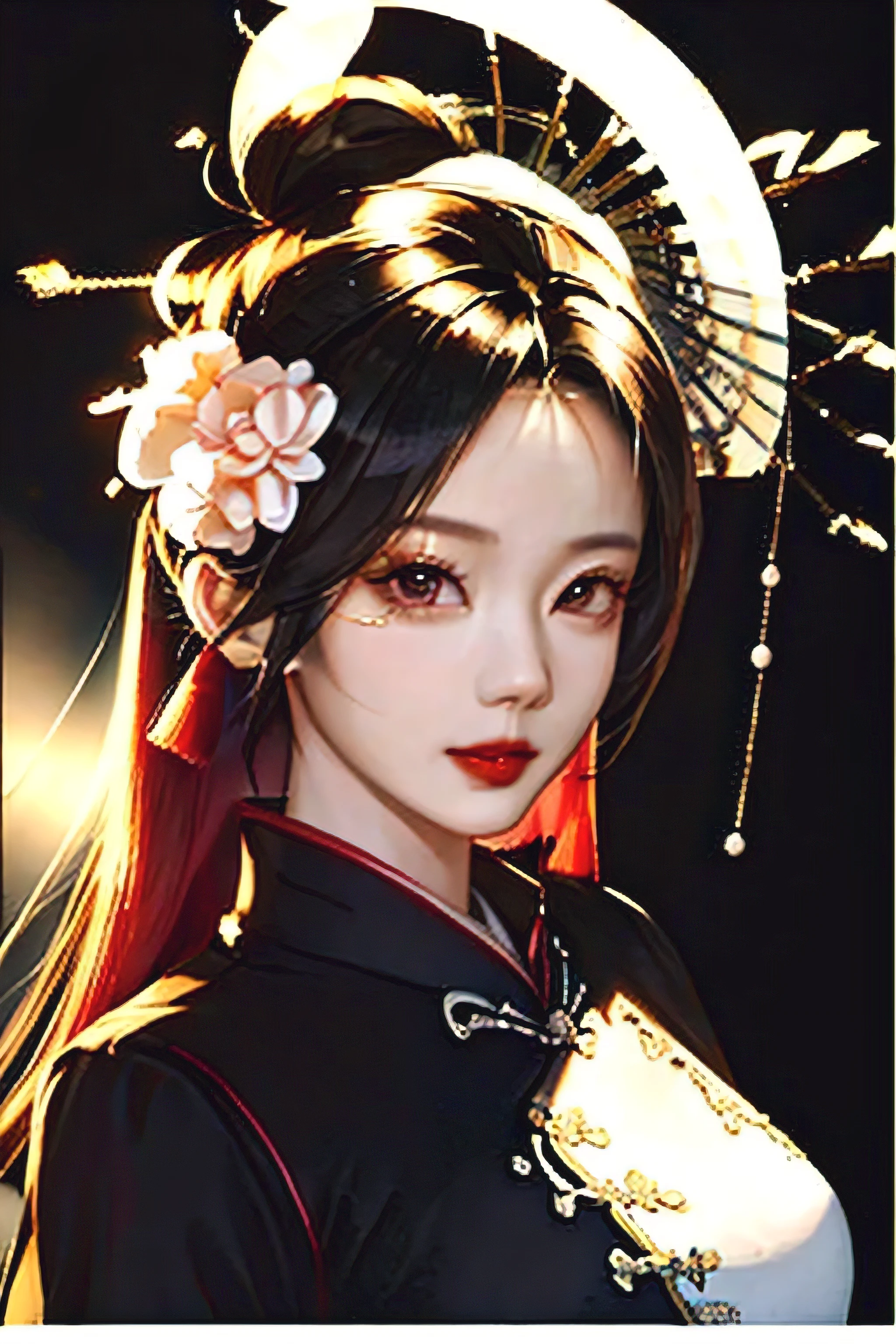 1 girl,Upper body,Robbery girls,cheongsam,Chinese clothes,hair flower,(masterpiece:1.4),(best quality:1.4),(shiny skin),red lips,looking at the audience,big breasts,open lips