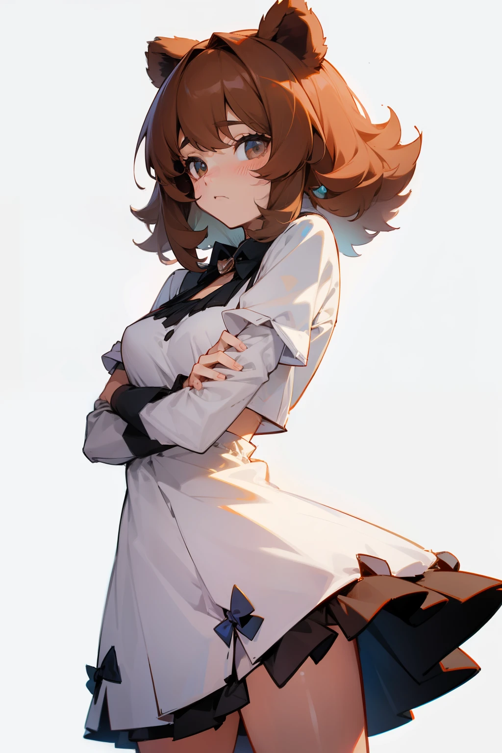 A bear of unknown gender has the ears of a bear wearing a cute short dress. short and fluffy hair