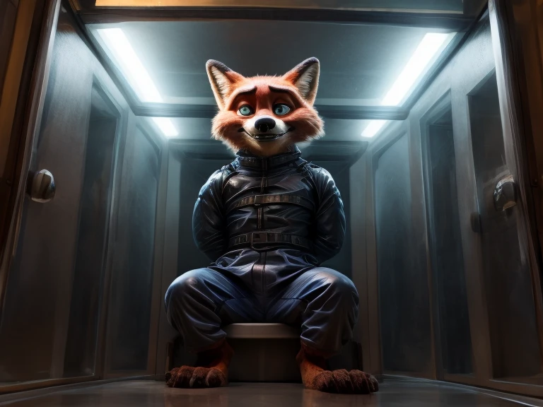 In a dark and eerie asylum, a hypnotized Nick Wilde sits imprisoned in a padded cell, his bare feet and detailed paws visible as he struggles against the confines of a black straitjacket. A gag in his mouth silences his cries for help as he looks up, his eyes pleading for release. The only sound in the room is the soft rustling of his long hospital pants as he tries to break free.