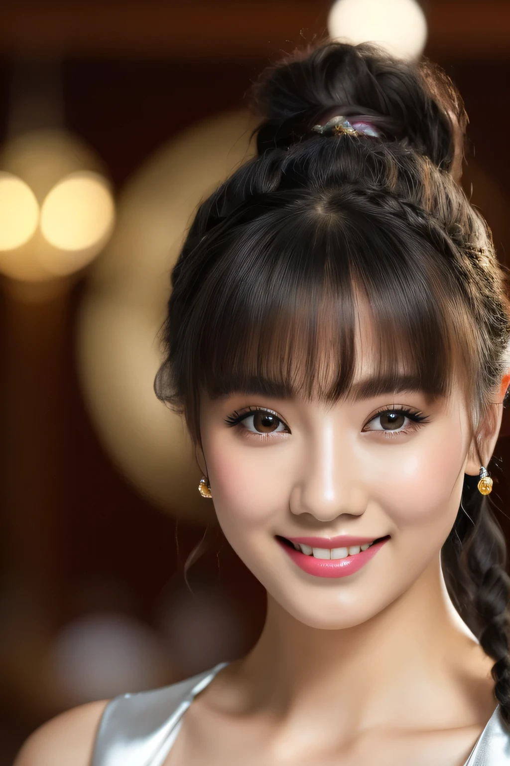 (CG 8k wallpaper extremely detailed, table top, highest quality, Super detailed), (better lighting, better shadow, very delicate and beautiful), floating, high color saturation, dynamic angle, ((1 girl)), nice, Ning Guang(Orchid Evening Dresses) black hair, (Curly hair in braids、ponytail)、black eye, very long hair, hair ornaments, bangs、with smiling eyes、masterpiece, highest quality, ウルトラ - High resolution, High resolution、(Close-up of face only)