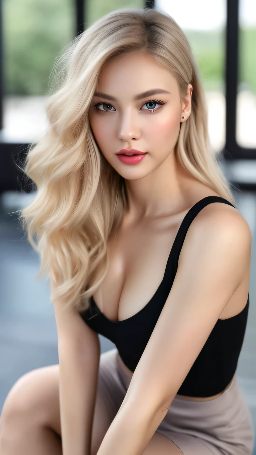 Ultra-realistic Movie Master Pie with ultra-detailed primetime portraits, 最high quality, 8K, table top, Ultra HD), 1 30-year-old girl、fashion supermodel, blonde curly hair, dull bangs, hair behind the ear, hair over shoulder, long hair, slender body shape, super detailed face, delicate lips, Medium large, beautiful eyes, double eyelid, lipstick, light blush ,black eye ,perfect shiny skin, perfect skin,white skin,sweaty,invite the gaze, chest,Ultra-thin pointer, very thin fingers, beautiful feet 、中chest,closed your mouth, perfect teeth, proportional body shot, chest、head、shoulder、spread your legs、Medium large、provocative pose, (cinematic look), sexy、masterpiece, 最high quality, high quality, High resolution、