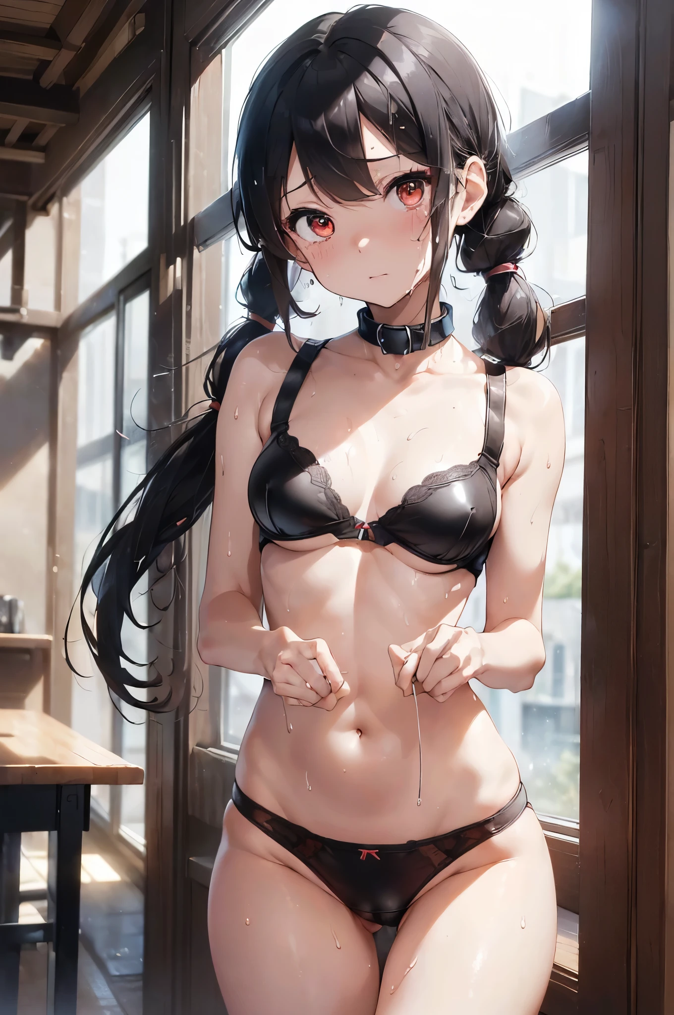 (masterpiece Best Quality, absurderes, Perfect Anatomy, Unity 8k Wallpapers,best anime), Detailed beautiful face and eyes,shoot from front,cowboy shot,(1woman,solo),16 year old beautiful girl、Japanese,((black leather collar,In underwear:1.3,white bra:1.5,white panties,camel toe)),(black hair,low twintails:1.4),red eyes、crying:1.5,Painful expression、((smaller head:1.5,skinny:1.2,slender body:1.3,ideal ratio body proportions:1.4,medium breasts:1.3,sweat:1.4)),standing,Many female students in the background、corridor、classroom、Schools in Japan、