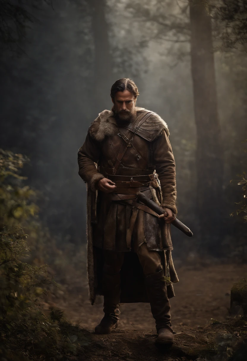 Homem com capa escura (extremamente detalhado), fundo escuro, front view, sendo banhado por luzes que entram da janela de uma igreja, obra prima, melhor qualidade, he carries a cross on his chest (extremamente detalhado), artstation, realistico, epico, lindo