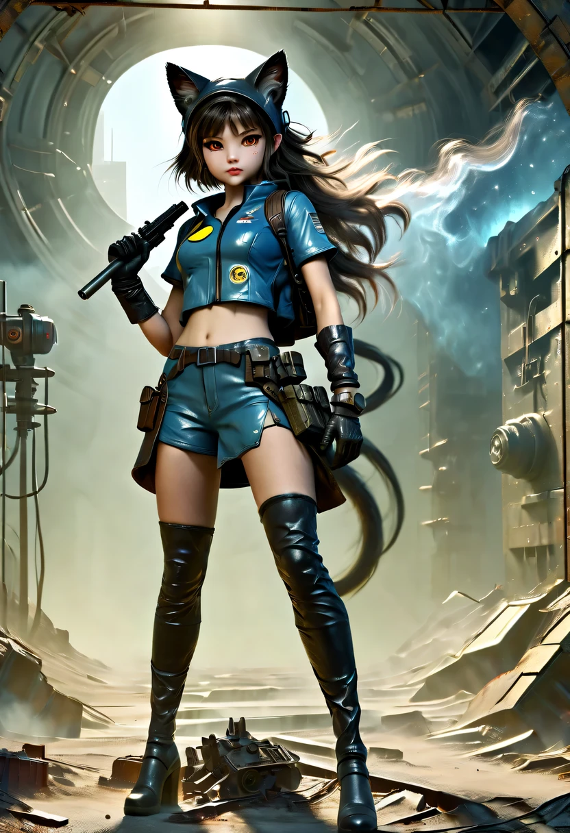 european girls wearing (Vault set with pipboy3000 on your wrist) Standing in a dilapidated and rusty post-apocalyptic steel bunker, Holding a weapon in his right hand, Giant radiation monster in the background, Professional color correction, Professional photography, well drawn, masterpiece, Surrealism, super detailed, high quality, best quality, 4K, 8k, raw, Detailed and realistic eyes, small, , Change)) ((Wear long leather gloves that cover all fingers)), , Wearing cat ears, Very detailed, Full of energy,8k ultra high definition