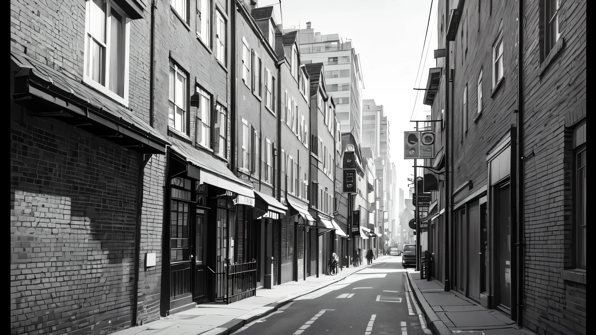 London neighbourhood, black and White lineart, street level side view, some bricks wall at foreground, some taller buildings on the far background