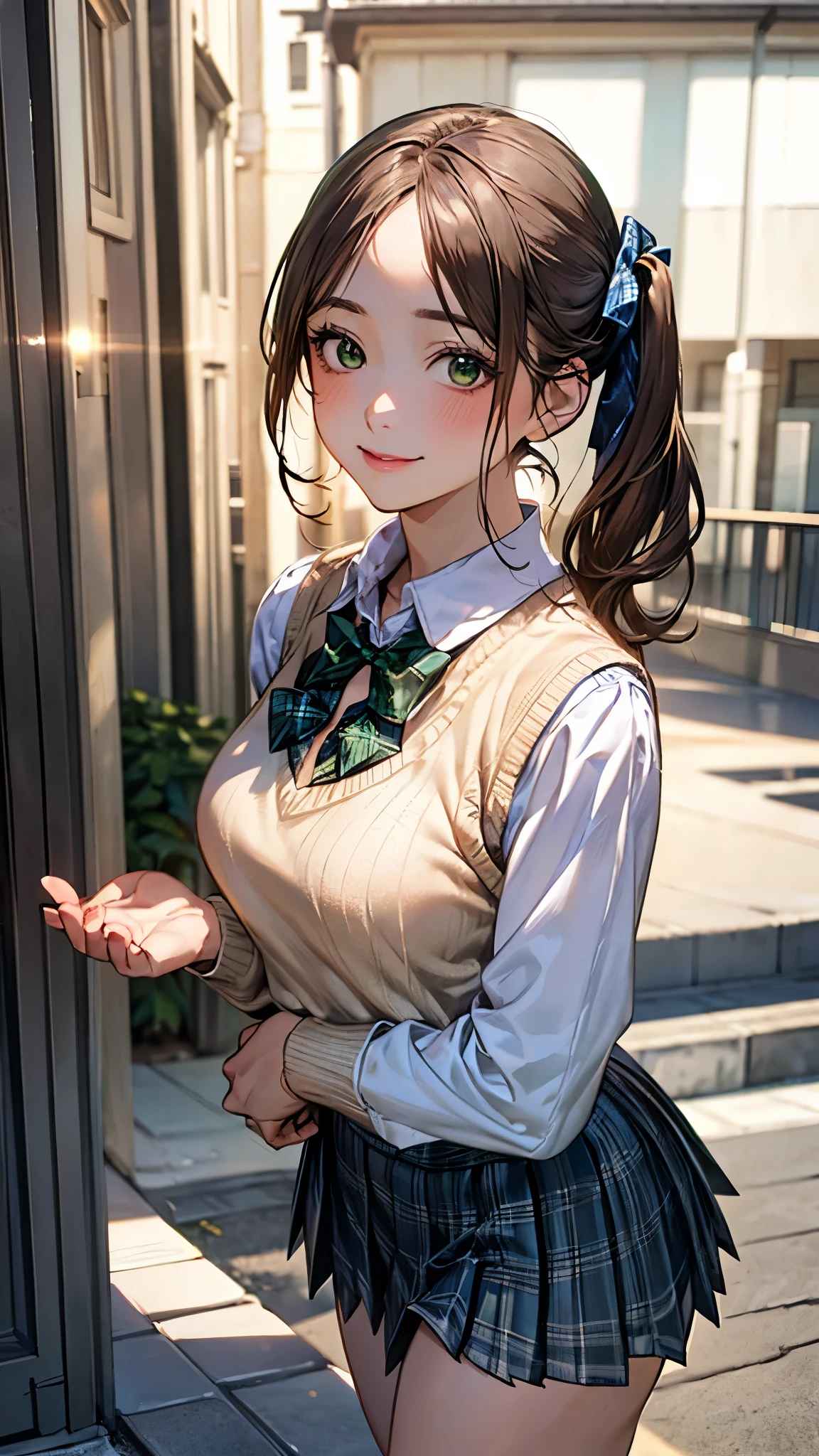 (masterpiece:1.2, top-quality), (realistic, photorealistic:1.4), beautiful illustration, (natural side lighting, movie lighting), 
looking at viewer, cowboy shot, front view:0.6, 1 girl, japanese, high school girl, perfect face, cute and symmetrical face, shiny skin, 
(middle hair:1.5, side ponytail:1.4, sidelocks, light brown hair), parted bangs, emerald green eyes, long eye lasher, (large breasts:0.9, thick thighs), 
beautiful hair, beautiful face, beautiful detailed eyes, beautiful clavicle, beautiful body, beautiful chest, beautiful thigh, beautiful legs, beautiful fingers, 
((light blue long sleeve collared shirts, blue plaid pleated mini skirt, socks, brown loafers, emerald green bow tie, beige sleeveless knitted vest)), pink panties, 
(beautiful scenery), evening, riverside, walking, hands on chest, (lovely smile, upper eyes), 